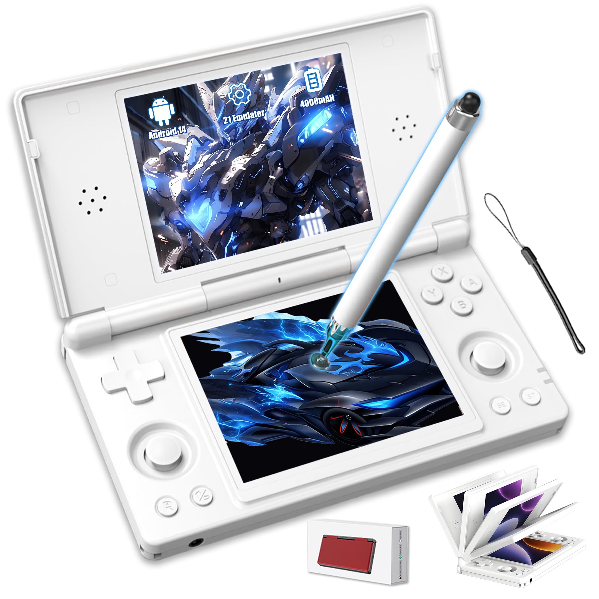 RG DS Retro Handheld Spielkonsole mit Kapazitivem Stylus,4-Zoll-Multitouch Zwei Unabhängigen Bildschirmen Retro Konsole,2,4+5G WiFi & BT 4.2,4000mAh,Unterstützt Split-Screen-Modus (Polarweiß)