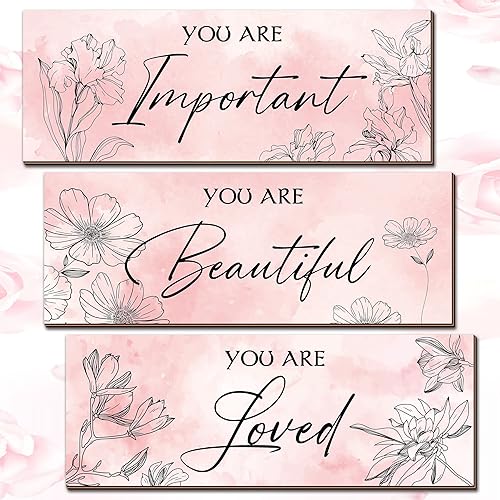 Miniatura 9 de 3 piezas románticas de decoración de pared de baño con diseño floral rosa You Are Important, You Are Beautiful, You Are Loved de madera inspiradora