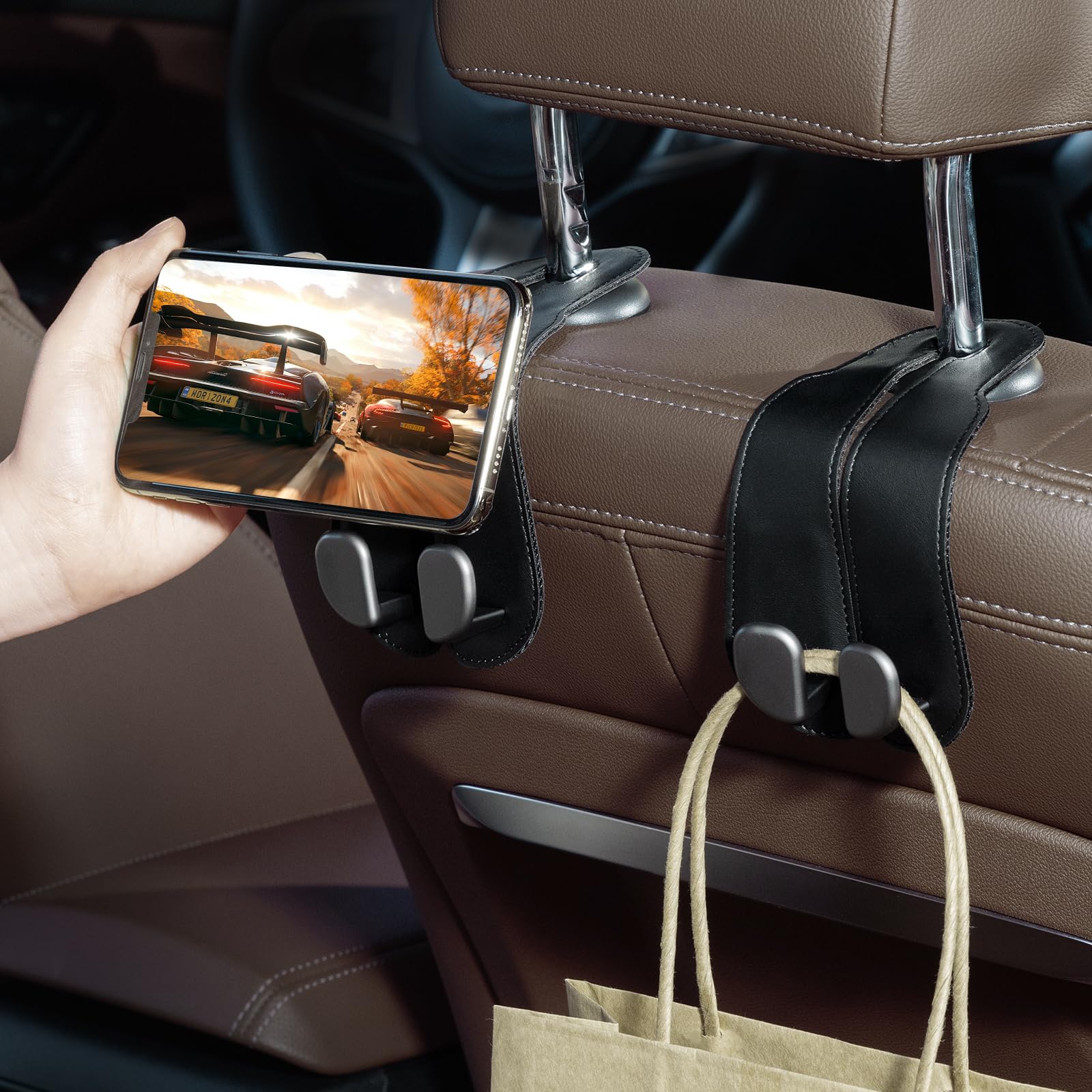 CoBak Purse Hook for Car - Universal Premium Stitched Leather and Aluminum-Magnesium Alloy Double Car Seat Back Storage — view 6