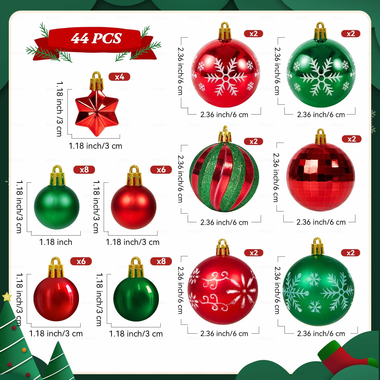 Fuyuleyo 44Pcs Christmas Baubles, Red and Green Christmas Tree Decorations Set - Image 2