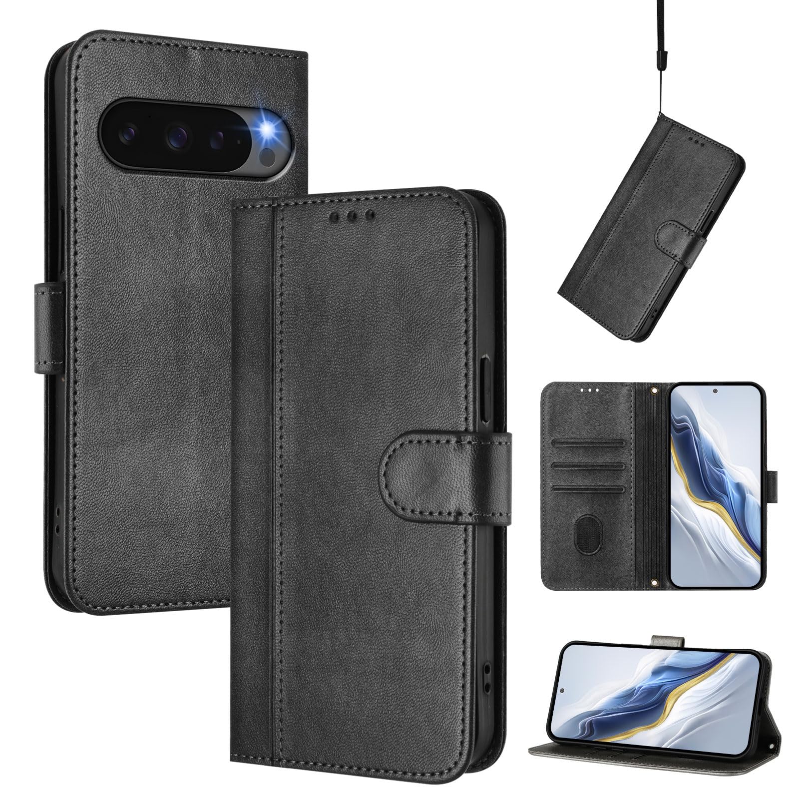 - for Google Pixel 10/Pixel 10 Pro Phone Case Wallet, Flip Leather TPU Cover with Card Holder Wrist Strap, Black