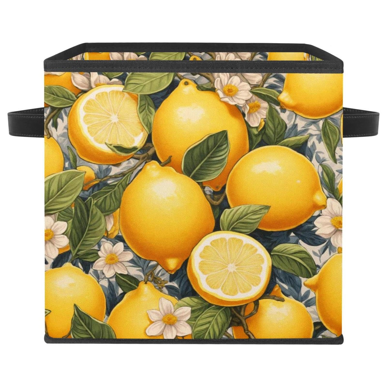 Panier de rangement vêtements pour étagère, boîte motif fleur blanche et citron pour dressing