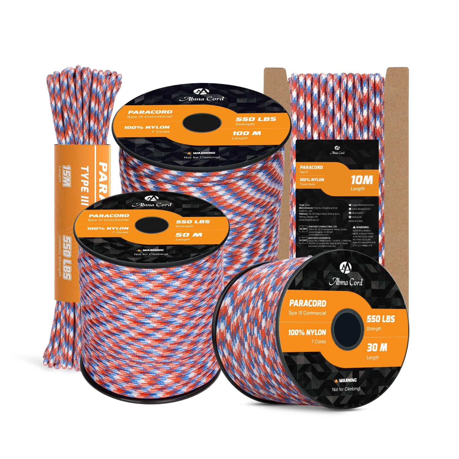 Abma Cord Paracord 550 4mm 10m 100% Nylon Rope Type III 7 Strands Parachute Cord for DIY, Camping, Survival, Outdoor - Max. 250kg - Liberty
