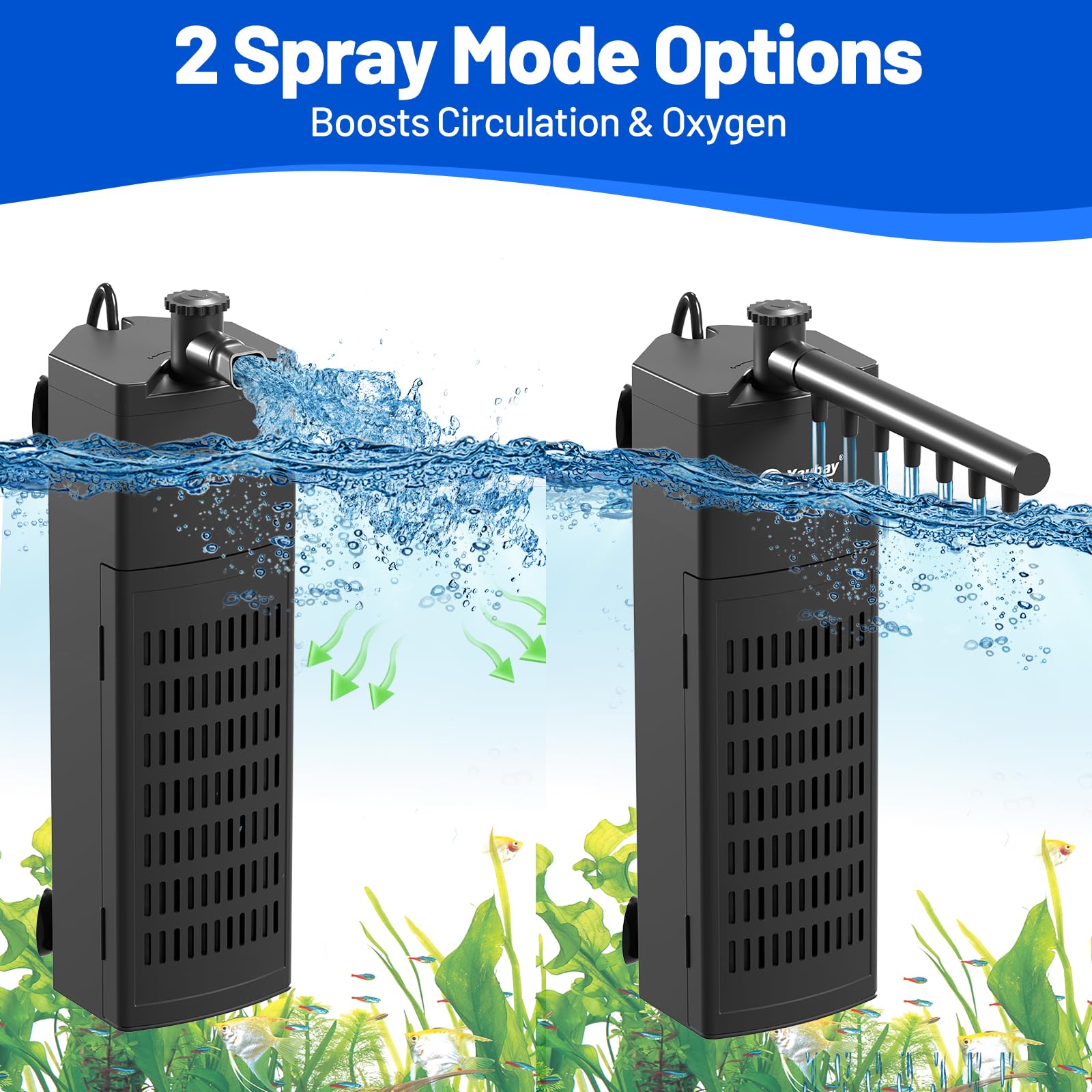 Yaubay Filtro interno de acuario para hasta 20 galones, filtros mejorados para peceras con trío de filtración de 4 etapas, flujo de agua ajustable, filtros de esquina silenciosos para pecera, tortuga