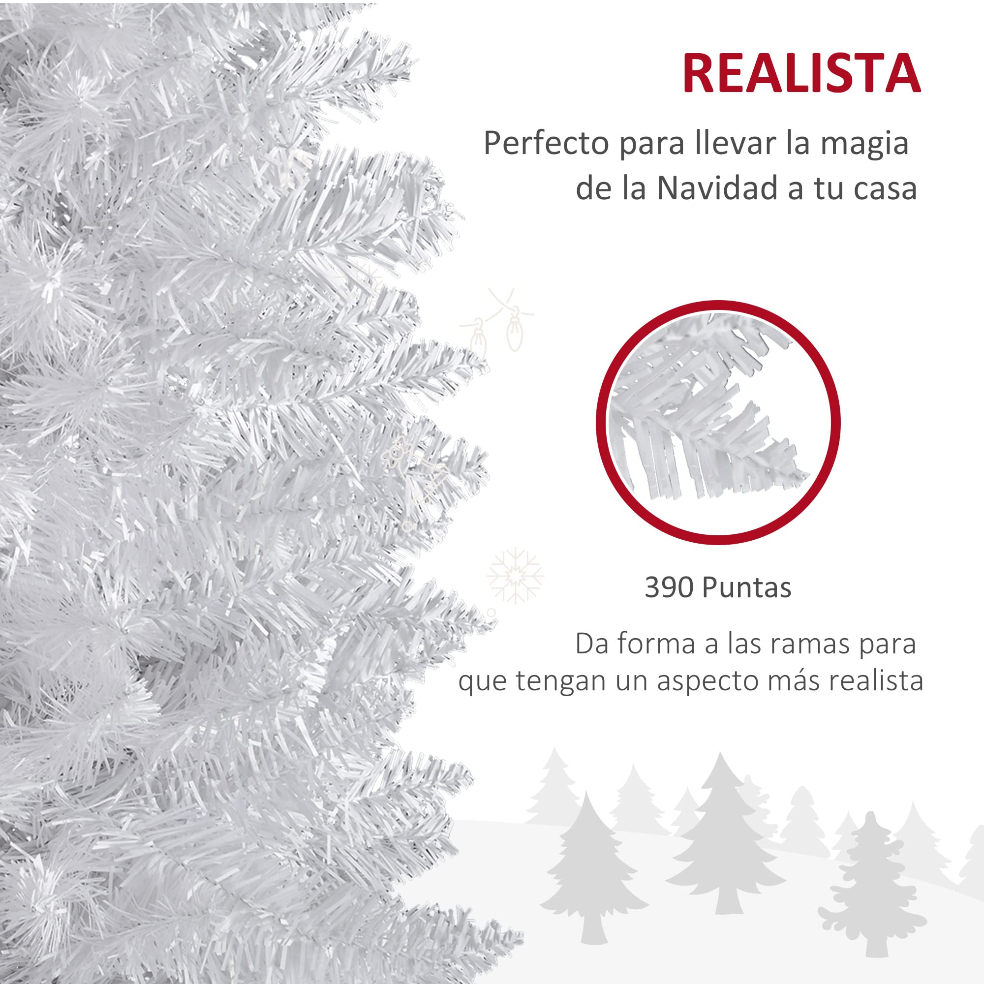 HOMCOM Árbol de Navidad Estrecho 180 cm, Árbol Artificial con 390 Ramas, Base de Plástico Desmontable, Fácil Montaje, para Salón Interior, Blanco