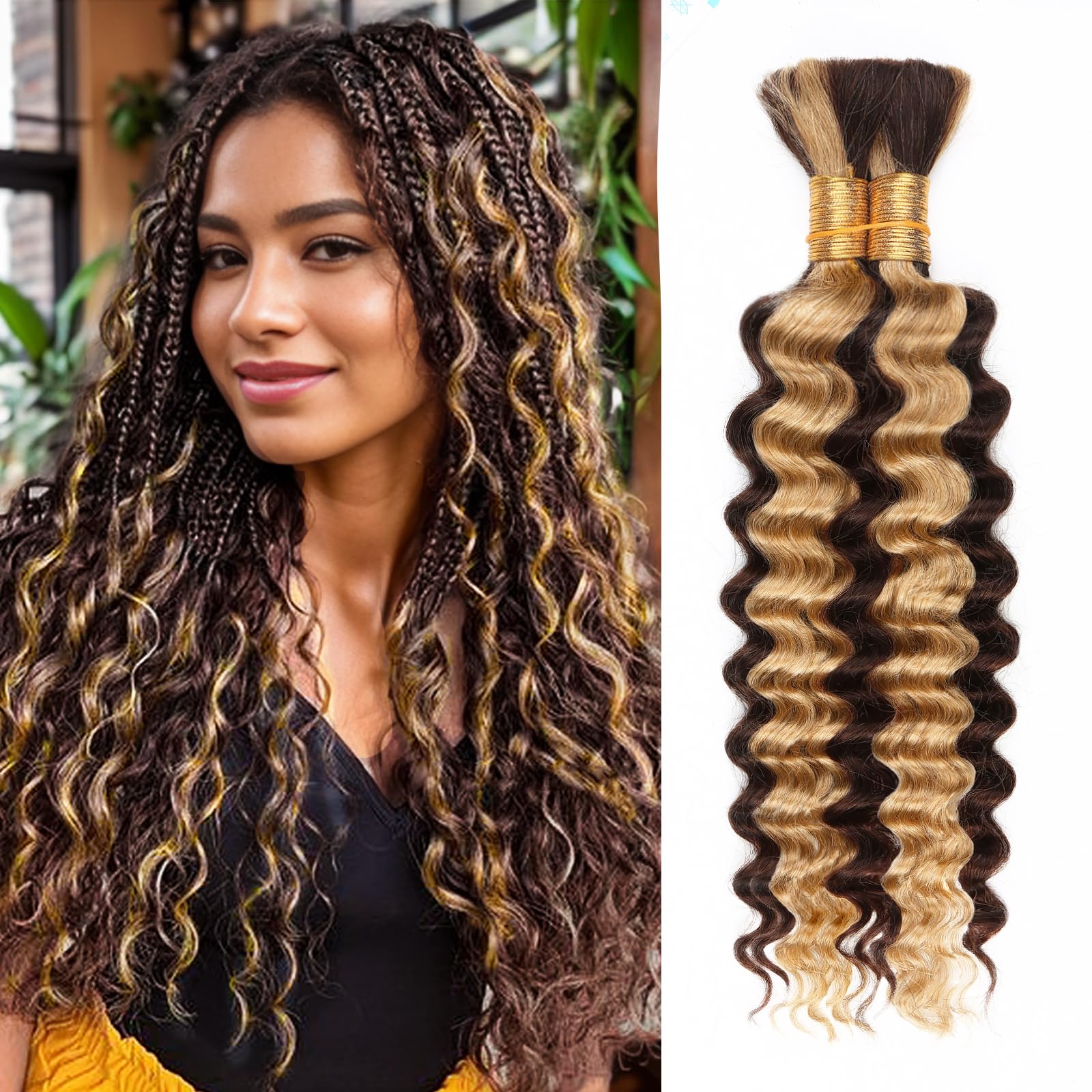 4/27 Honey Blonde Human Braiding Hair Deep Wave Bulk，Highlight No Weft Curly Braiding Hair Extensions for Boho Braids Wet and Wavy Braiding Human Hair