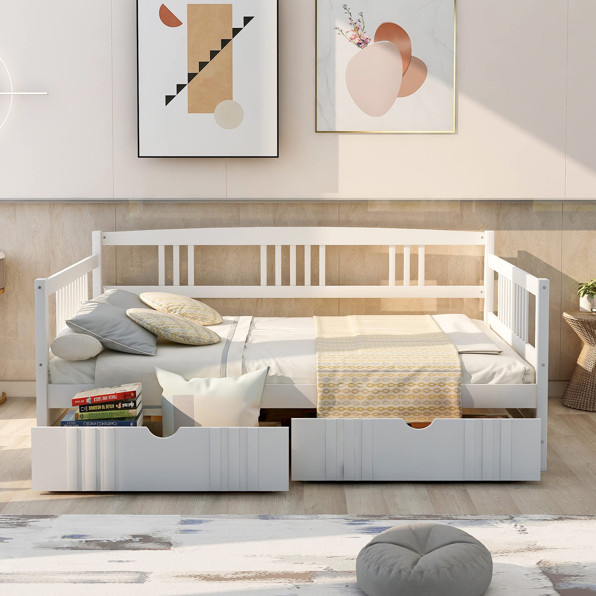 P PURLOVE Wood Daybed with Rails Twin Bed Wooden Slats Support Modern Living Daybed (Full with Drawers, White)