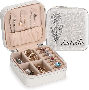 Personalized Jewelry Box for Women, Custom Travel Jewelry Case with Birth Flower and Name, Small Jewelry Organizer for Rings, Earrings, Necklaces, Personalized Bridesmaid Gifts for Women