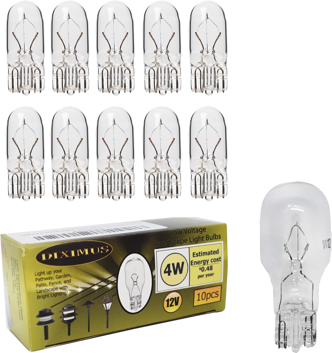 Diximus T3-1/4 Wedge Base 12V 5W Krypton Light Bulb for Landscape, RV and Cabinet Lighting T10 Clear Bulbs - 10 Pack 12 Volt 4 Watt Low Voltage T5 Landscape Bulb - Landscape Light Bulbs 10 Pack