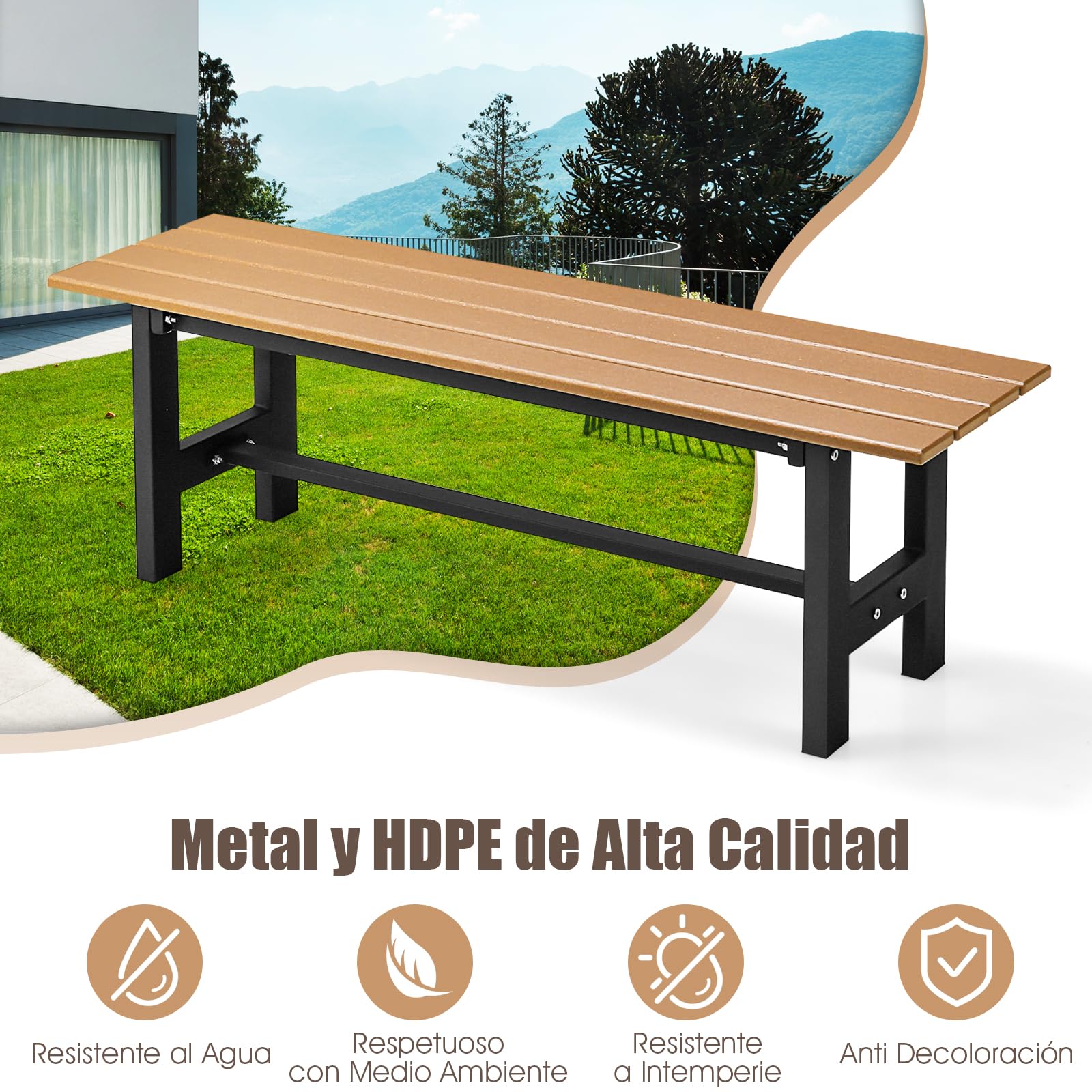 COSTWAY Banco Exterior de 2 Plazas, Banco Jardin Exterior Estructura Metal Revestido de Plástico, 120 x 36 x 40,5 cm, Carga 300kg, Terraza Jardin Interior Exterior (Brown)