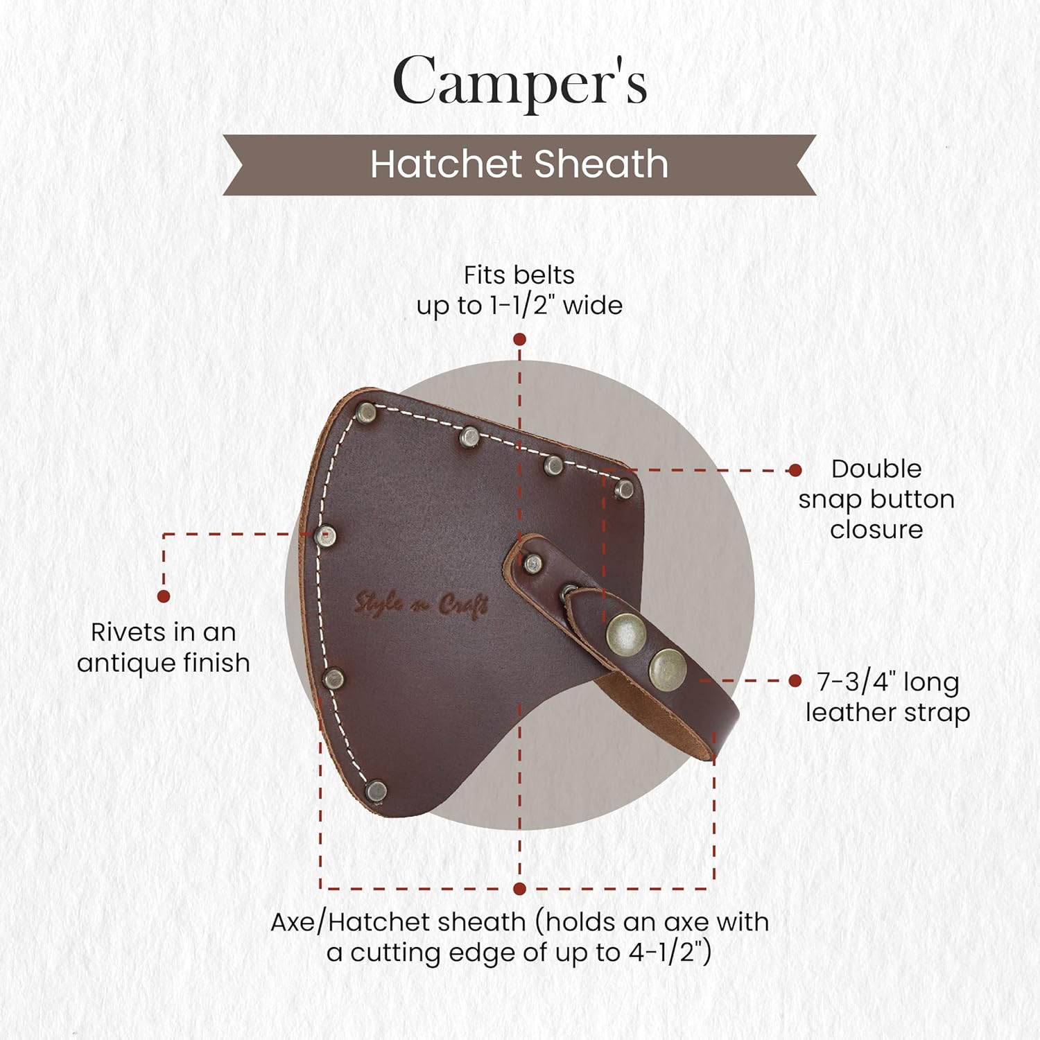 Style n Craft Camper/Sportsman's Hatchet Sheath, Full-Grain Leather Axe Sheath with Secure Covering