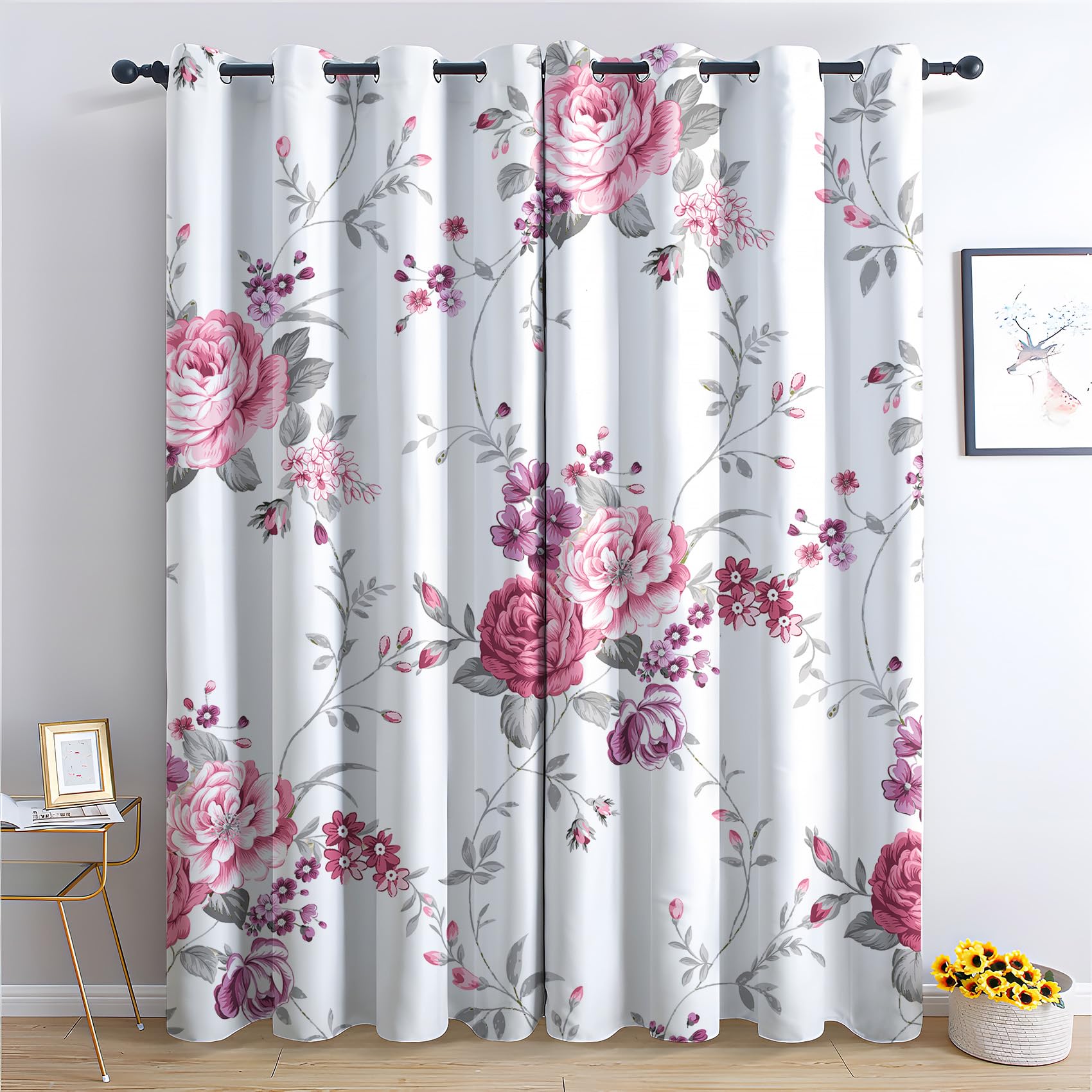 Vintage Blumen Vorhänge – 2er Set Blickdicht, 160x140 Cm, Mit Ösen – Rosa & Blau Für Wohnzimmer & Schlafzimmer