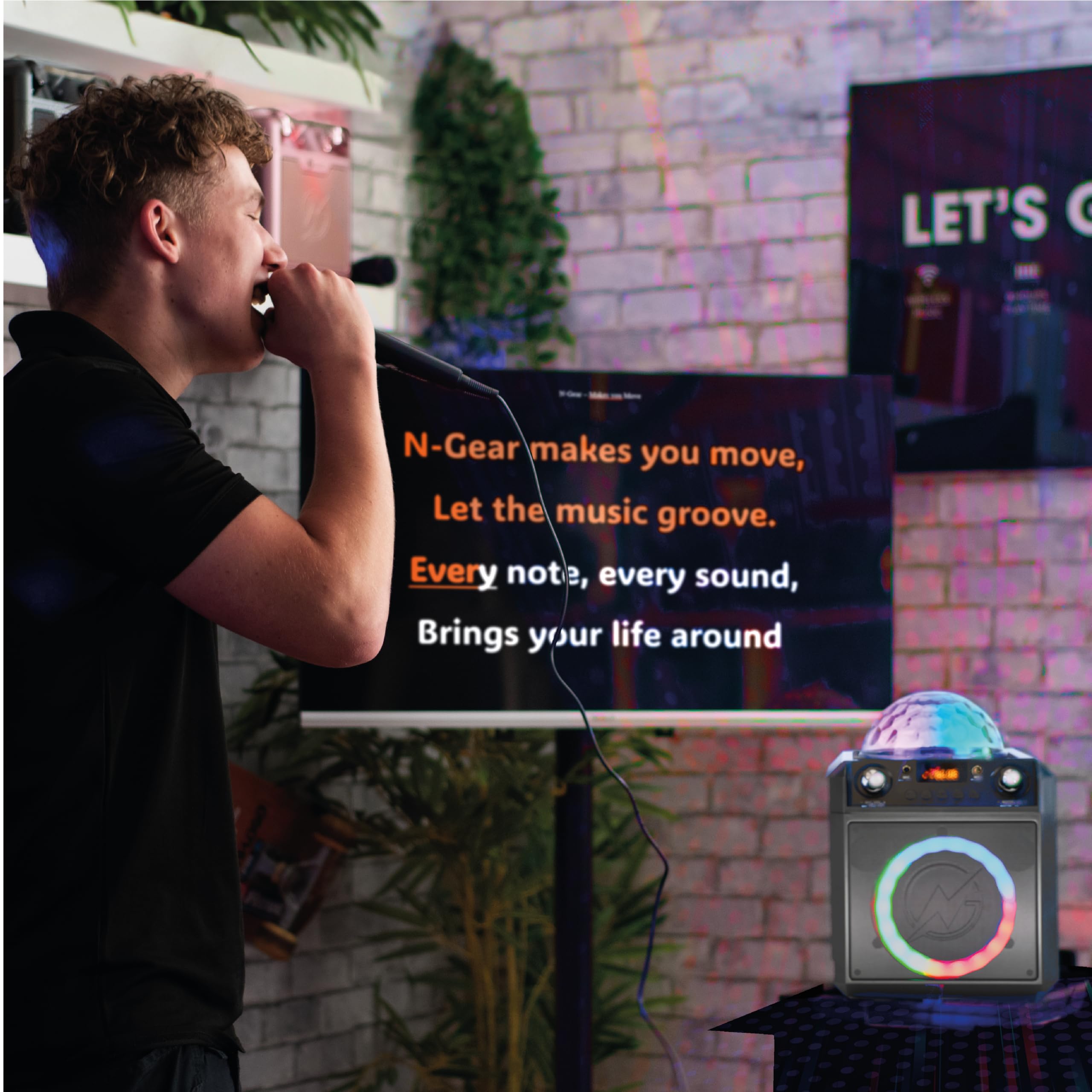 N-Gear The Block Party 602 XL Altavoz Bluetooth Potente 300W con Bola de Discoteca RGB y 2 Micrófonos de Cable Sistema de Sonido Portátil TWS Batería 6 Horas para Karaoke Fiestas - Gris