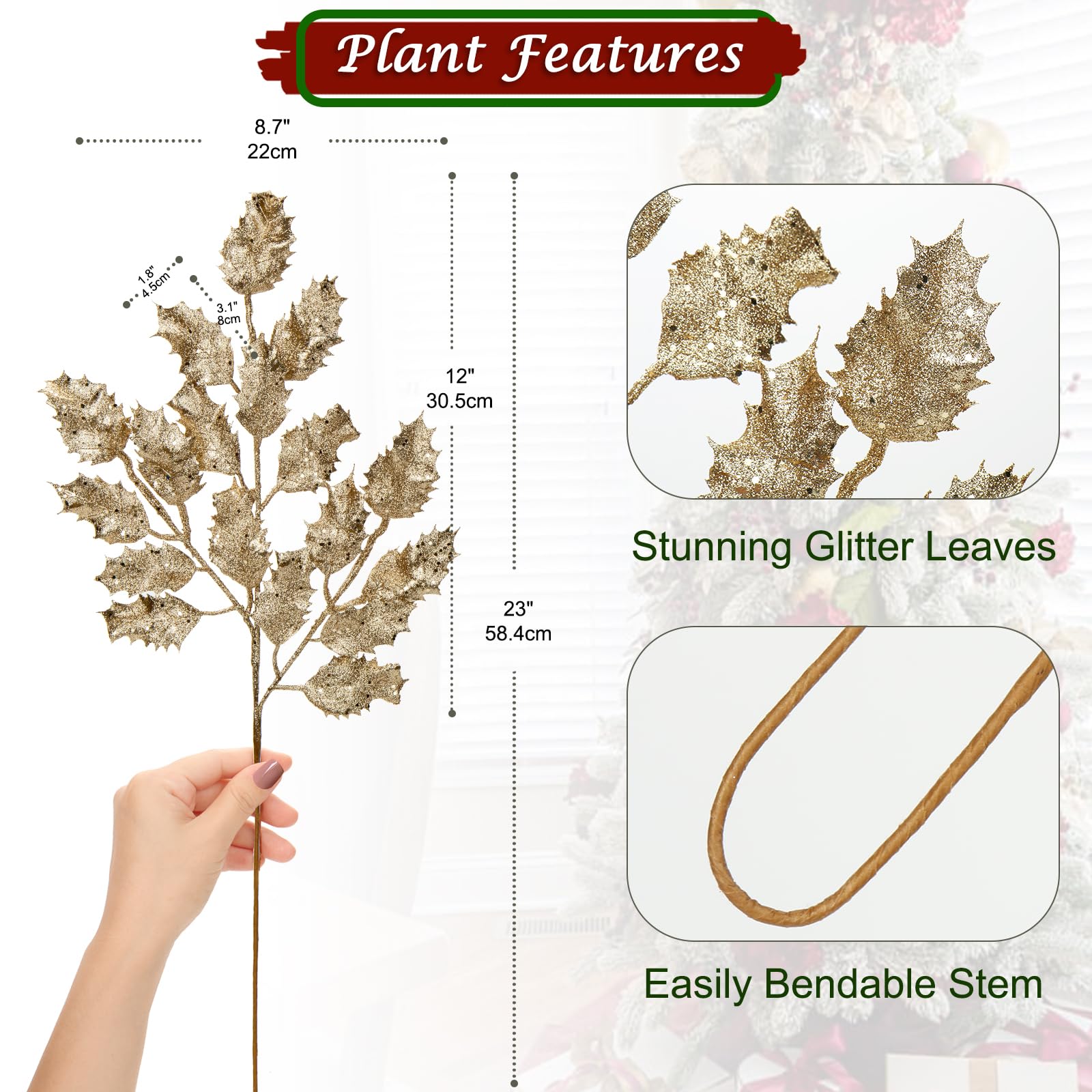 Briful 6pcs Glitter Leaf Artificial Holly Leaves 23" Christmas Glitter Leaves Stem for Xmas Tree Decorations Fake Leaf Artificial Stem for Flower Arrangment Home Decor - Image 2