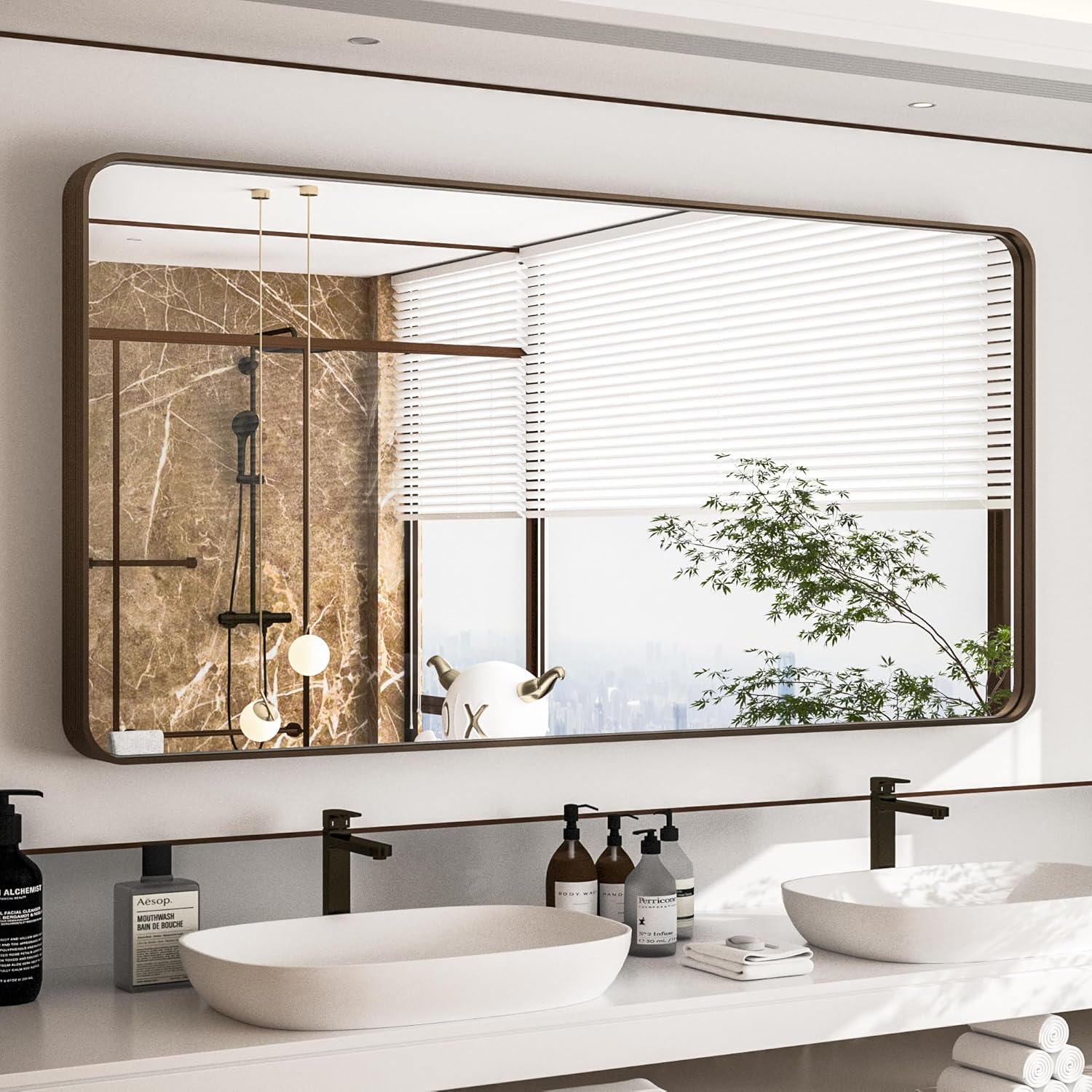 PILOCOS 60 x 30 Inch Wall Mirror for Bathroom, Brown Bathroom Vanity ...