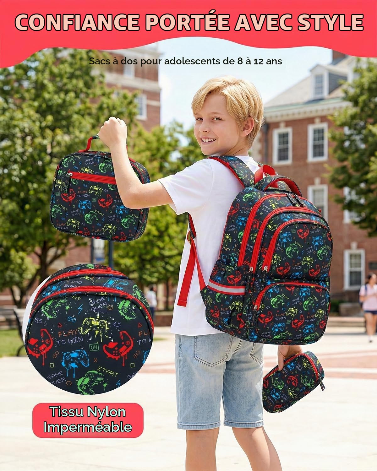 Amythe Set 3 pièces Cartable Garçon dès 1ère année Réflecteurs | Sac à dos Enfant Sac Repas Trousse Primaire Garçon 6-10 ans Imperméable Sangle 25L