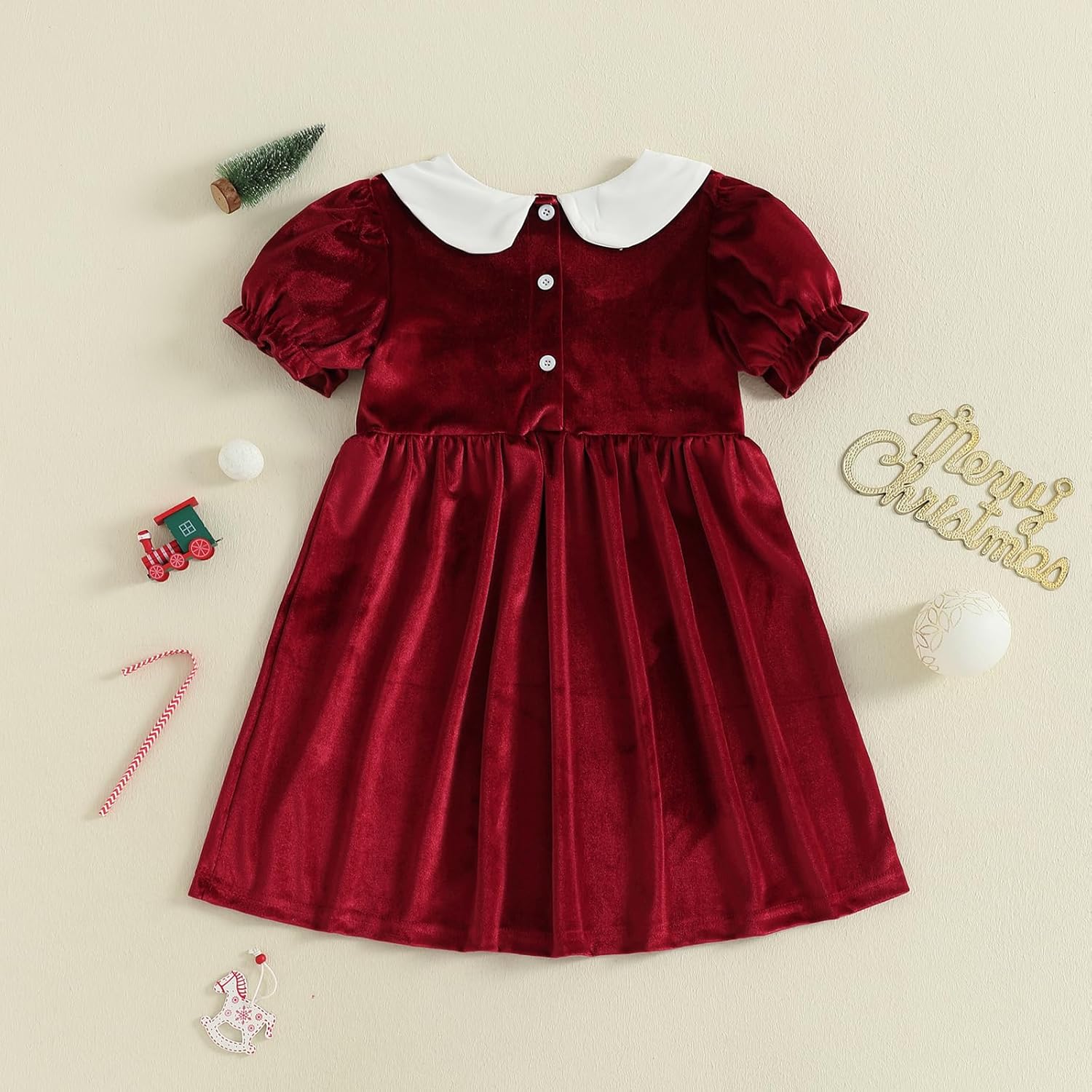 Toddler Girl Christmas A Line Dress String Lights Embroidery Short Sleeves Doll Collar Velvet Dress - Image 3