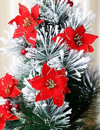 Miniatura 10 de zorpia 12 piezas de 5.1 in para árbol de Navidad decorativo de seda, arbusto de nochebuena dorada y arbusto de nochebuena roja, flores artificiales