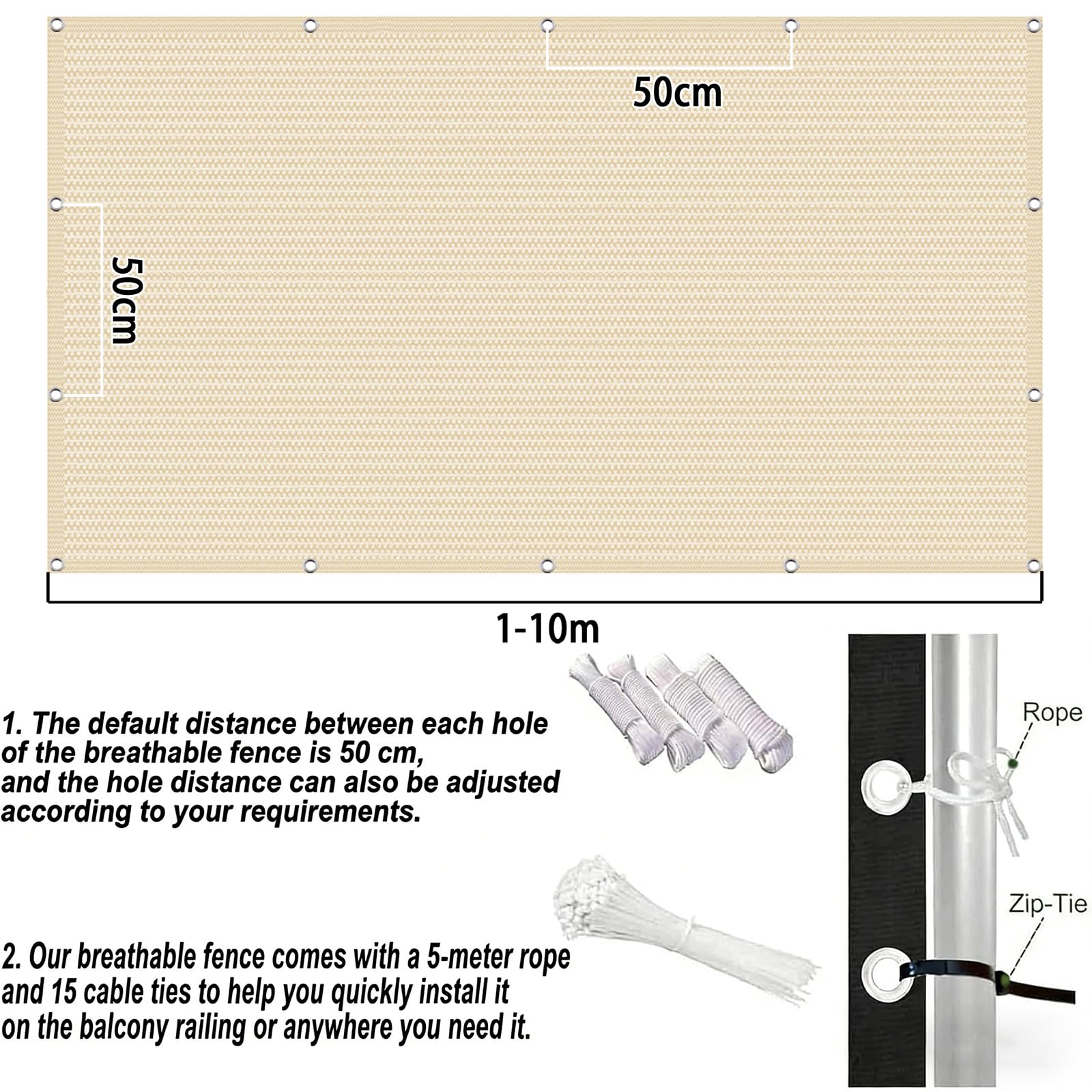 Recinzione Copertura 190 x 425 cm in HDPE 220G ㎡, Frangivento, Protezione Solare, Permeabile, Anti-Uv, Telo Frangi-Vista Balcone con Fascette e Funi para Jardín Exterior, Color Crema