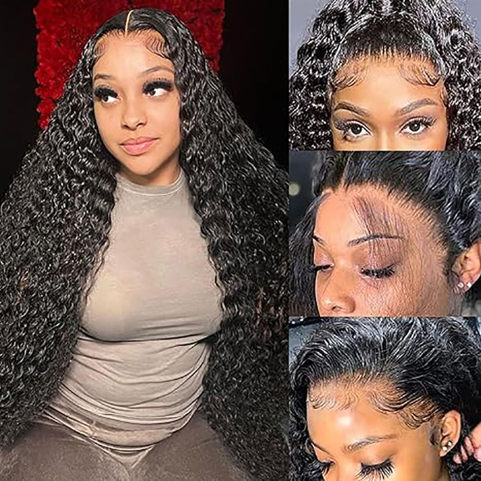 Echthaar Perücke für Damen Perücken Deep Wave Human Hair Wig 4X4 Lace Closure #1B Black Color 150% Density Unprocessed Remy Hair Glueless 34 Zoll