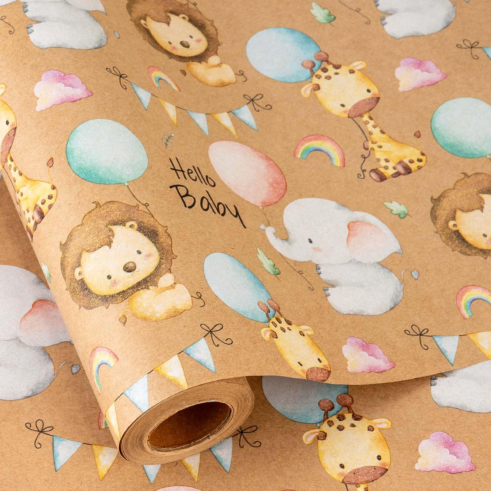 Wikadlik Kraft Birthday Wrapping Paper, 43cm x 10m Cute Lion Elephant Themed Colorful Balloon Rainbow Gift Wrap for Baby Boy Girl Kid — image 1