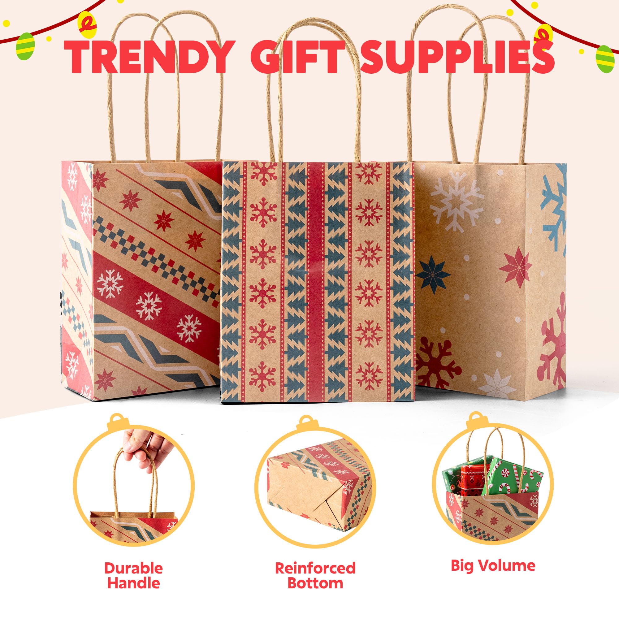 JOYIN 24 sacchetti regalo natalizi in carta kraft con manici, riutilizzabili, per regali di festa, decorazioni giganti, bomboniere e forniture decorative (13,2 x 10,25 x 2)