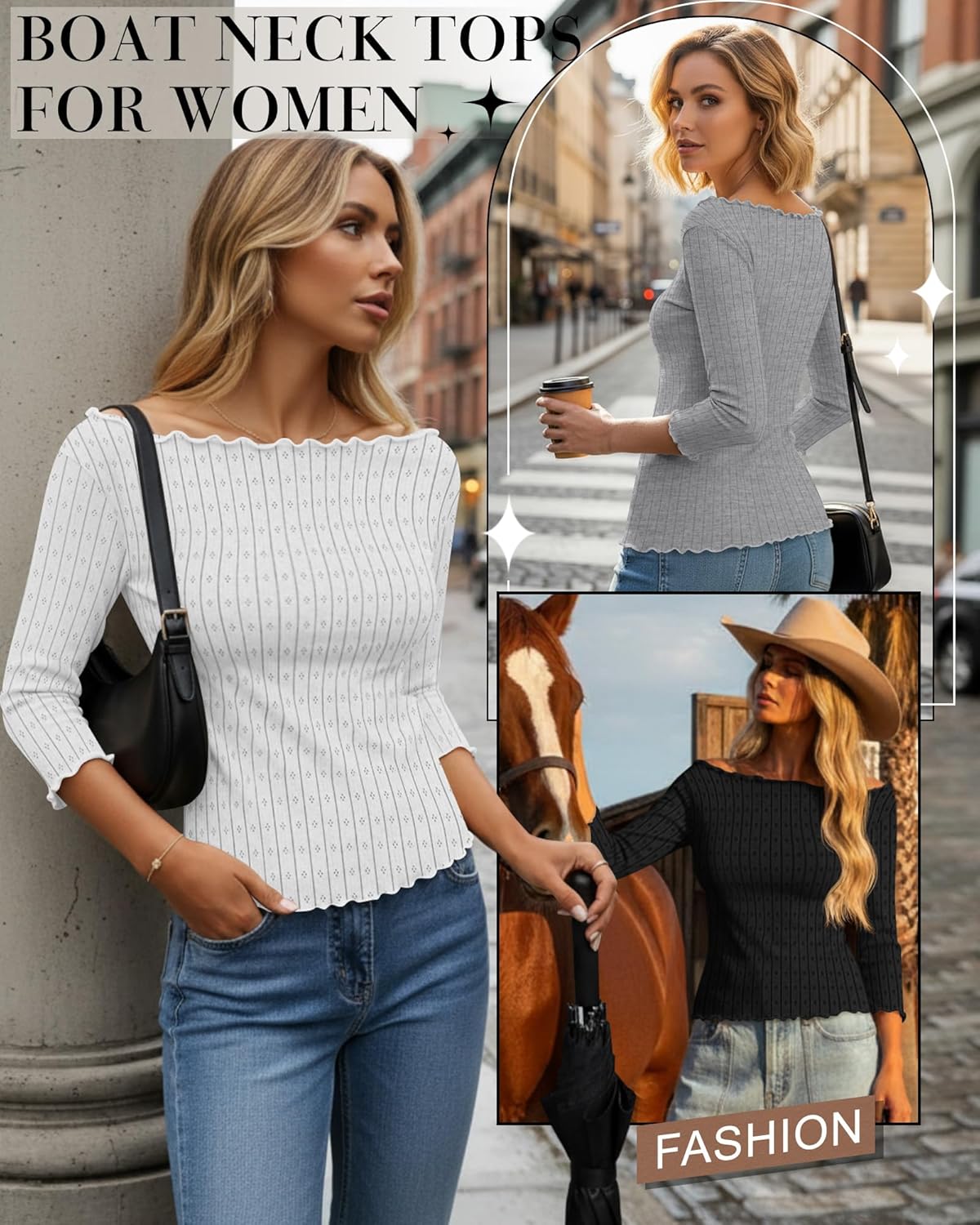 3 Pack Women's 3/4 Sleeve Boat Neck Tops Lettuce Trim Jacquard Shirts Slim Fit Casual Layering Basic Tees - Image 2