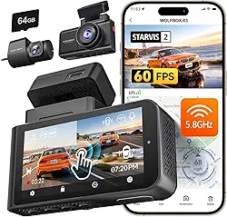 WOLFBOX Câmera Dash de 60FPS, 2,5 K + 1080P, câmera frontal e traseira, STARVIS 2 IMX675, WiFi e GPS de 5,8 GHz integrados, ADAS, tela sensível ao toque, sensor G, gravação em loop, cartão de 64 GB