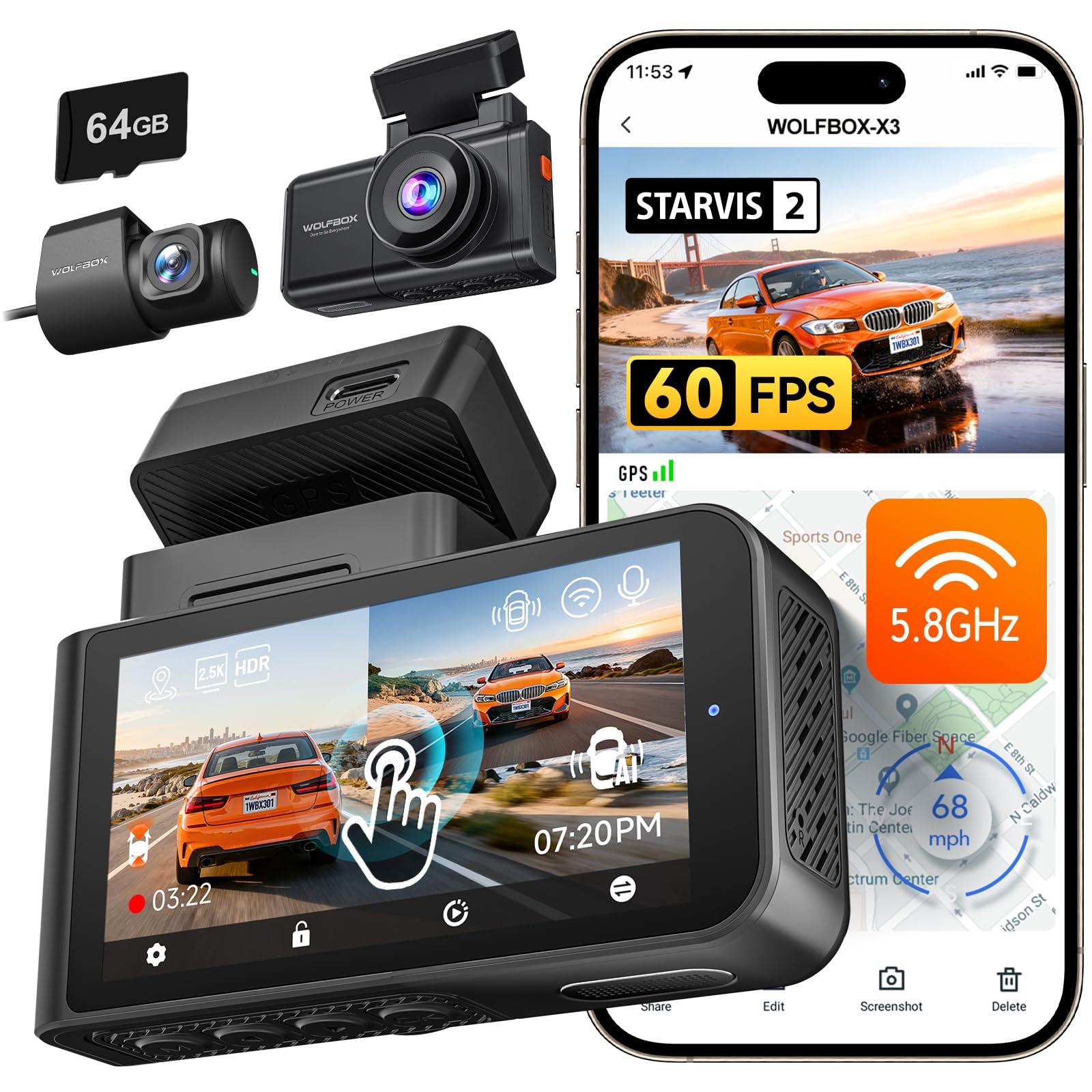 WOLFBOX X3 2 5K 1440P 60FPS Dash Camera STARVIS 2 IMX675 with ADAS 1440P 1080P Dual Dashcam Front