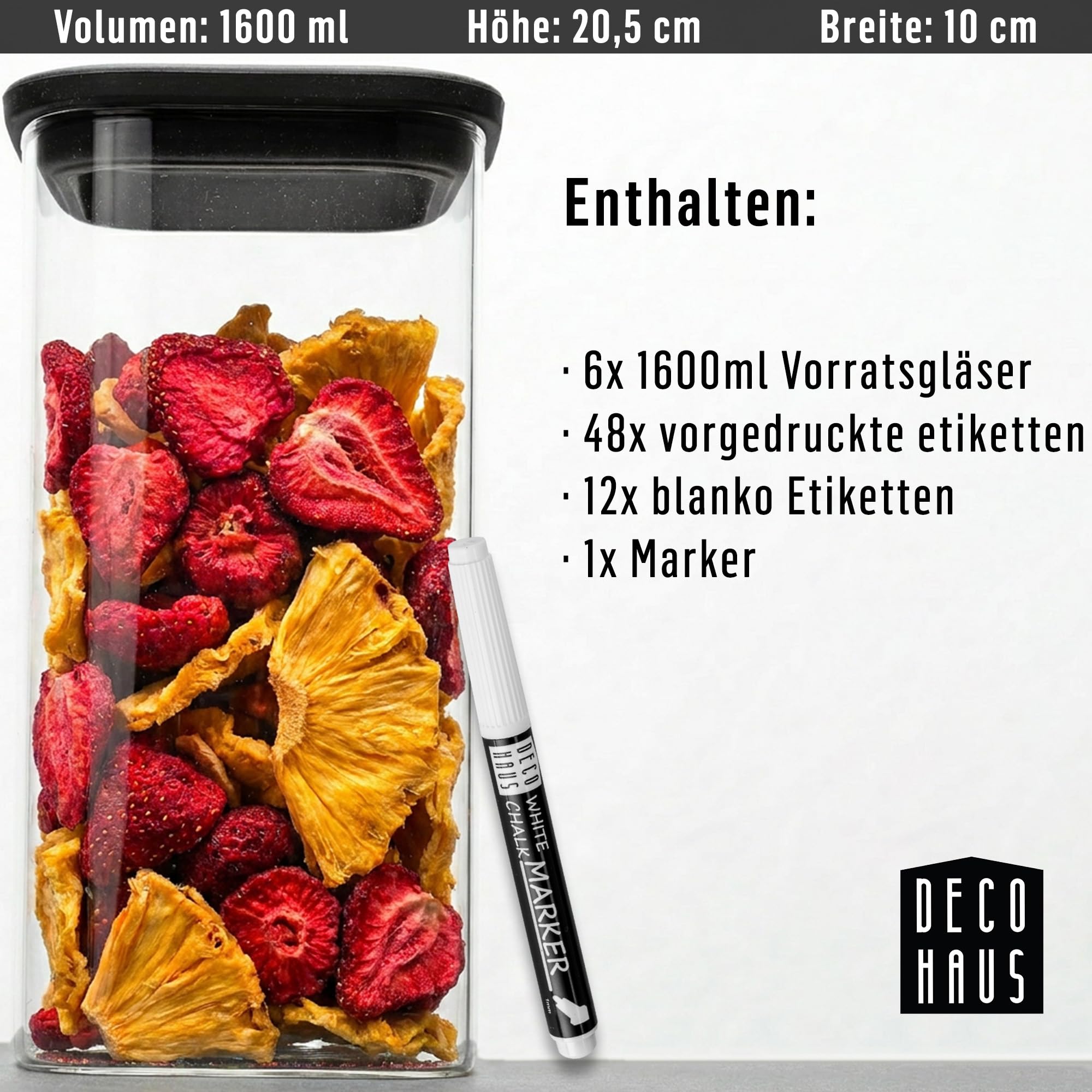 Deco haus Vorratsgläser Eckig mit Glasdeckel 6er-Set 1600 ml [+ Etiketten] | Vorratsdosen glas 6x1600ml - Nudeln, Müsli, Mehl Aufbewahrungsgläser - Glasbehälter & Töpfe - Vorratsbehälter Glas