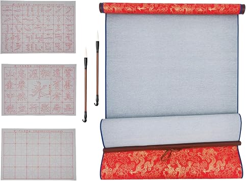 Ellkee 4 Pcs Reusable Chinese Calligraphy Water Writing Cloth, Inkless Calligraphy Practice Paper with 2 Brushes, Water-Based Writing Cloth for Beginners 6 Items Red