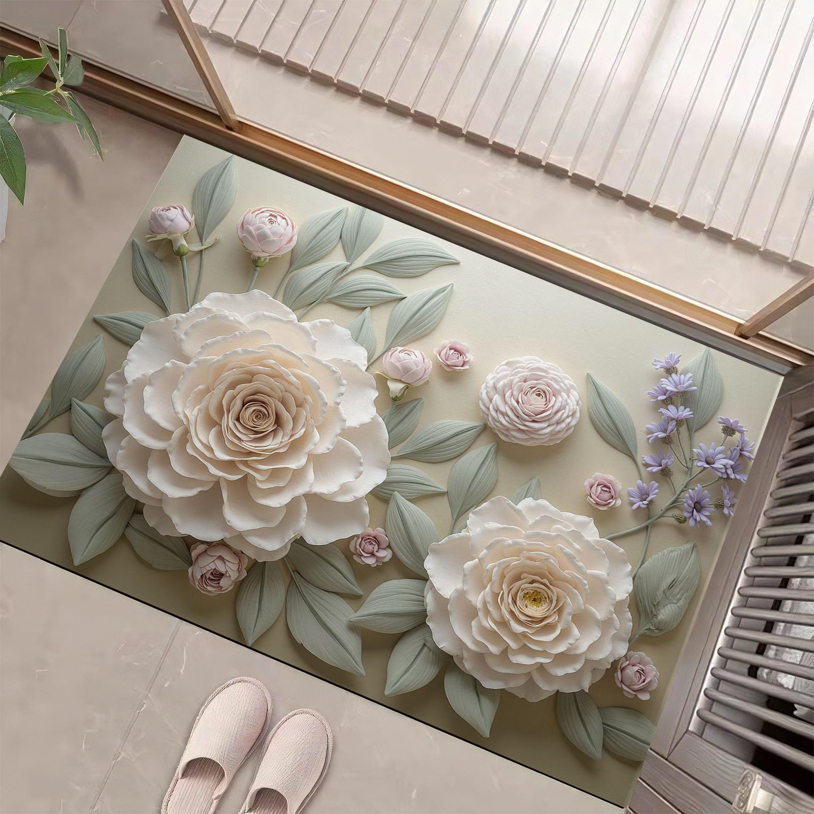 Paillasson 80x120 cm vert clair avec roses blanches et tapis de sol antidérapant pour entrée