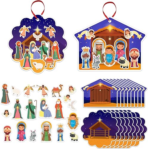 FaCraft Manualidades de Natividad para niños, 24 piezas de calcomanías de escena de natividad, adornos de manualidades de Navidad, juego de belén