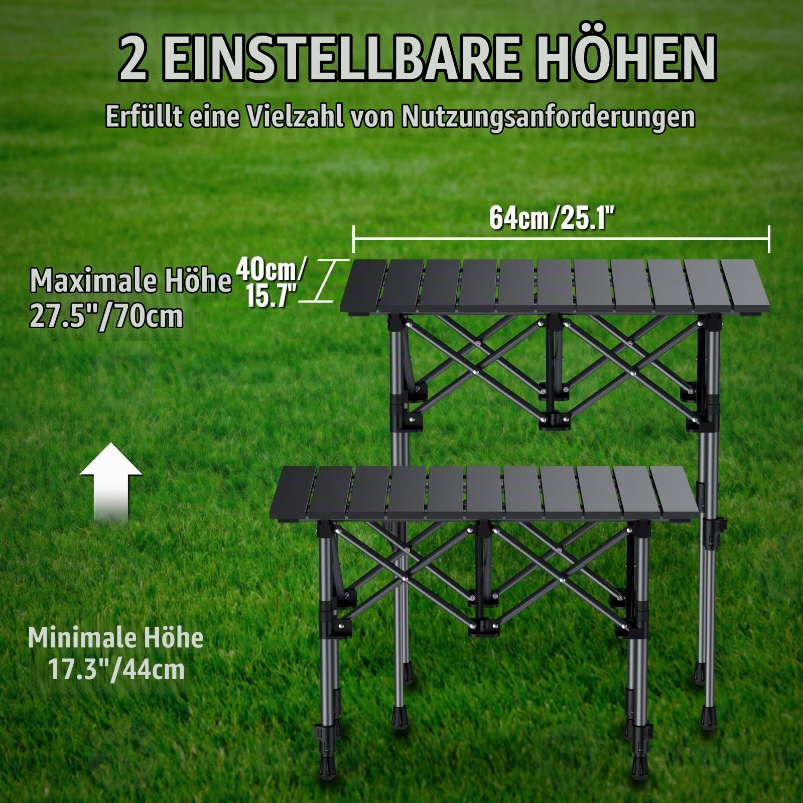 GARLLEN Campingtisch klappbar, 64x40cm & 2 Höhenverstellbar(44/70cm), Aufrollbare Tischplatte, abnehmbar Klapptisch aus Stahl, Falttisch Grilltisch Beistelltisch Gartentisch Picknicktisch inkl. Tasche