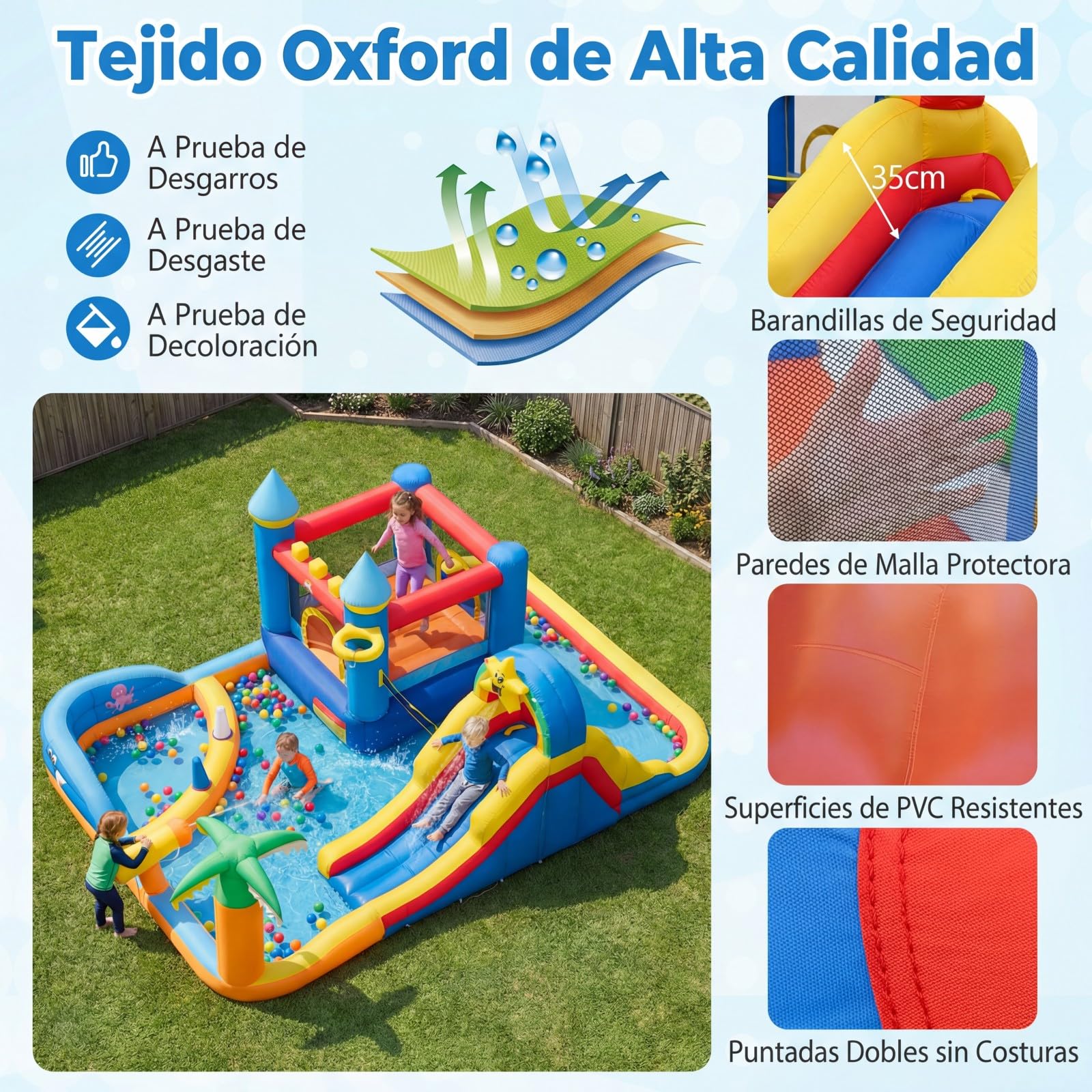 COSTWAY Castillo Hinchable, Parque Infantil con Temática de Playa con Muro de Escalar, Cañón de Agua, Pelotas Oceánicas, Fútbol, Baloncesto, Voleibol, Castillo Inflable al Aire Libre (sin soplador)