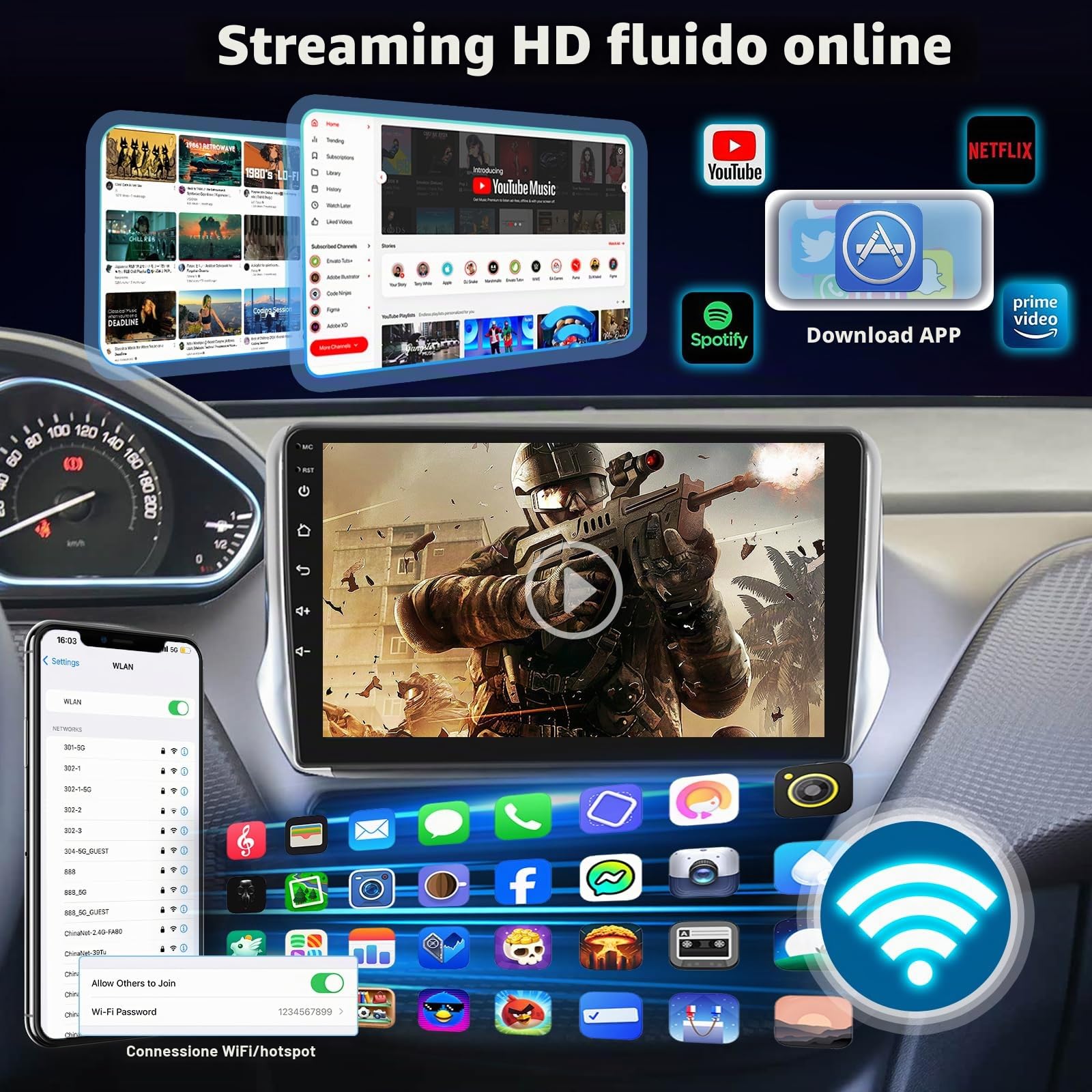 Autoradio 8 Core 6+128GB per Peugeot 308 408 2007–2015, Stereo Android Touchscreen con CarPlay Wireless, GPS WiFi DSP HiFi, Plug & Play Radio + Telecamera Posteriore