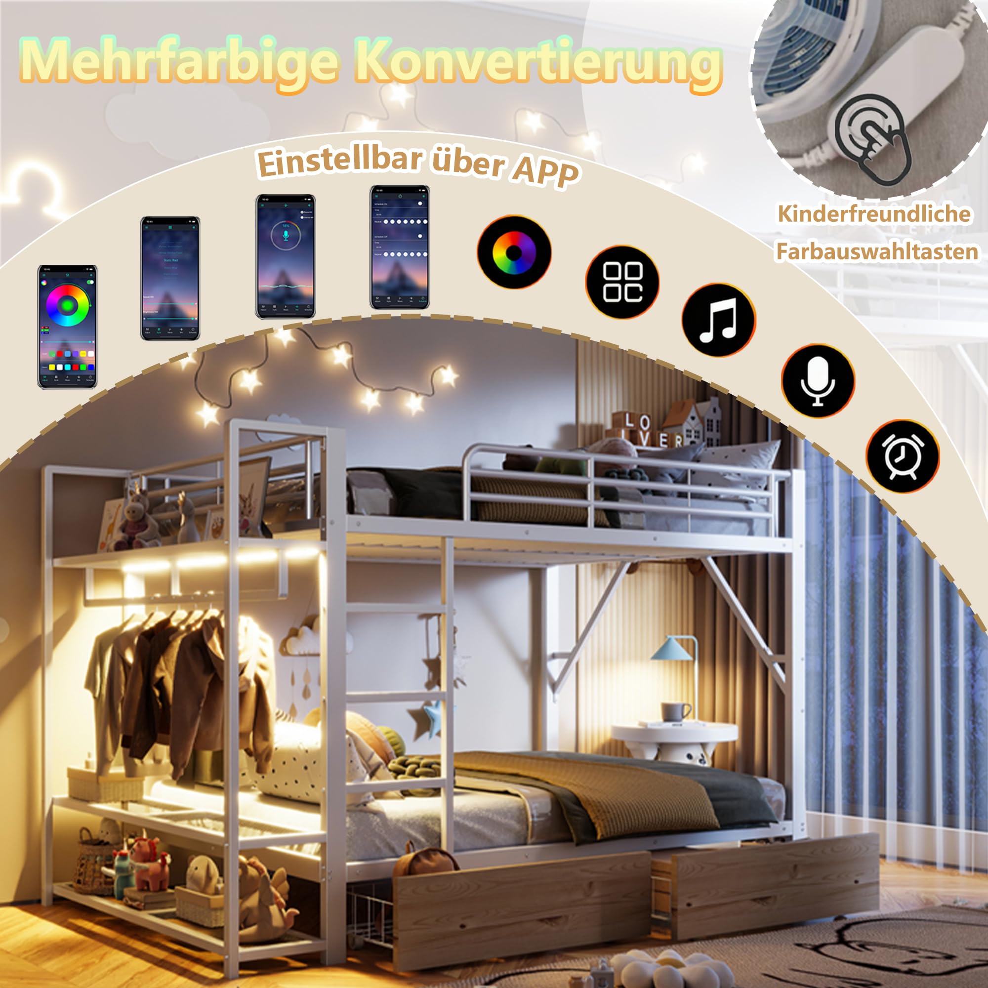Letto a soppalco 140x200cm con striscia luminosa a LED e appendiabiti,metallo letto a castello con 2 cassetti e ripiani multipli,ferro letto matrimoniale,letti per ado,senza materasso,Bianco