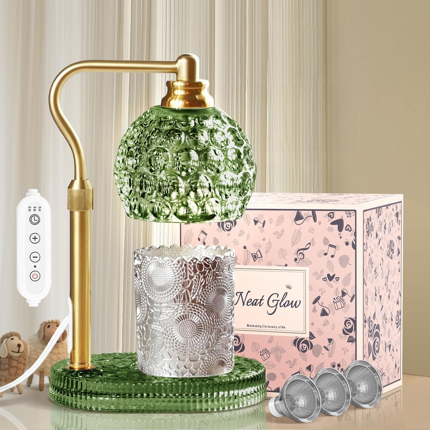 Candle Warmer Lamp with Timer & Dimmer, Glass Lamp Candle Warmer for Jar Candles, UPGRATED with 3 Bulbs, Height Adjustable Electric Wax Warmer for Elegant Home Decor (Sage)