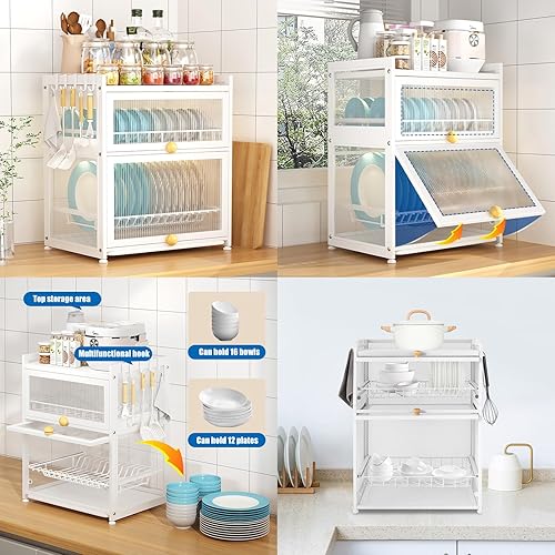 Miniatura 4 de KONGKUNI Escurridor de platos de 3 niveles para cocina, escurridor de platos con cubierta y escurridor, bandeja de goteo desmontable, soporte de