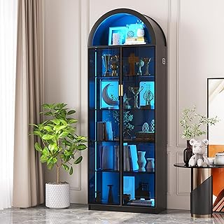 Dystler Arch Display Cabinet with Doors and Adjustable Shelves, 76" Tall Curio Cabinet with LED Lights/Storage Space, 6 Ti...