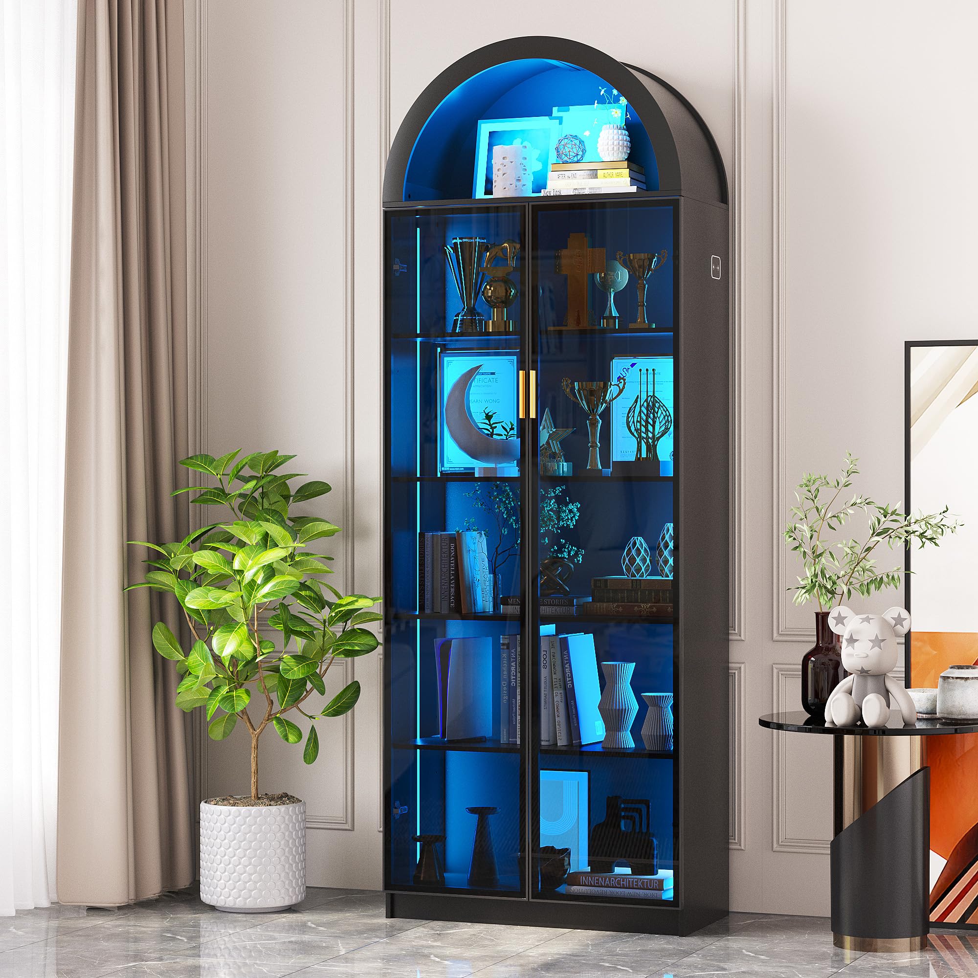 Dystler Arch Display Cabinet with Doors and Adjustable Shelves, 76" Tall Curio Cabinet with LED Lights/Storage Space, 6 Tier Display Case Bookcase for Collectibles Bedroom Living Room Office, Black - Black-Arched