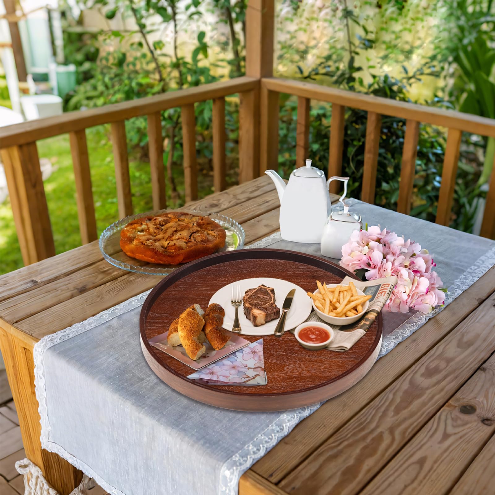 Extra großes, rundes Serviertablett aus Massivholz, klassischer Tee-/Couchtisch, dekoratives Ottoman-Tablett, Serviertablett für Frühstück im Bett, Snacks, Lebensmittel, Küche, Party, Bar, erhöhter