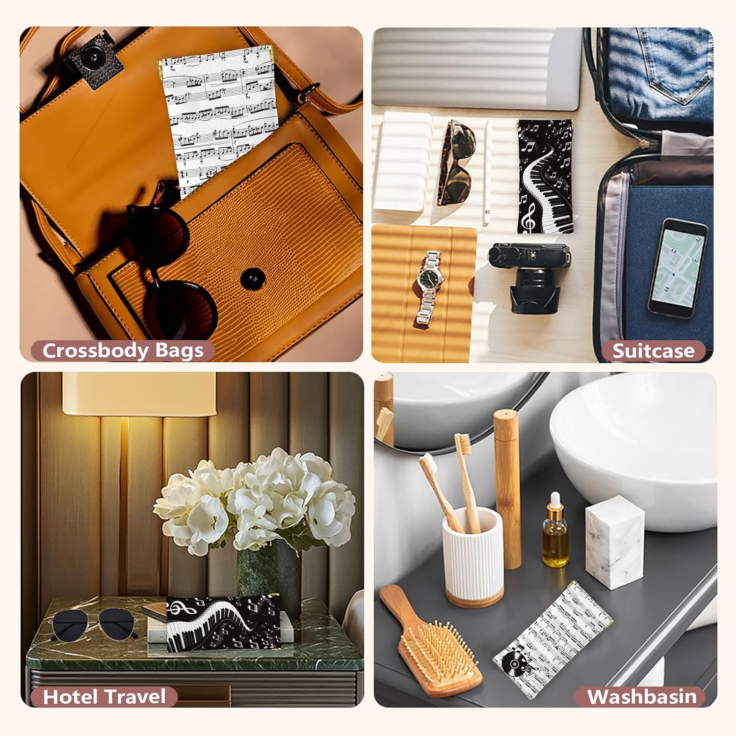 GLOBLELAND 2 Pcs Music Soft Glasses Case PU Leather Squeeze Top Eyeglass Pouch for Men Women Watch Phone Makeup Brushes
