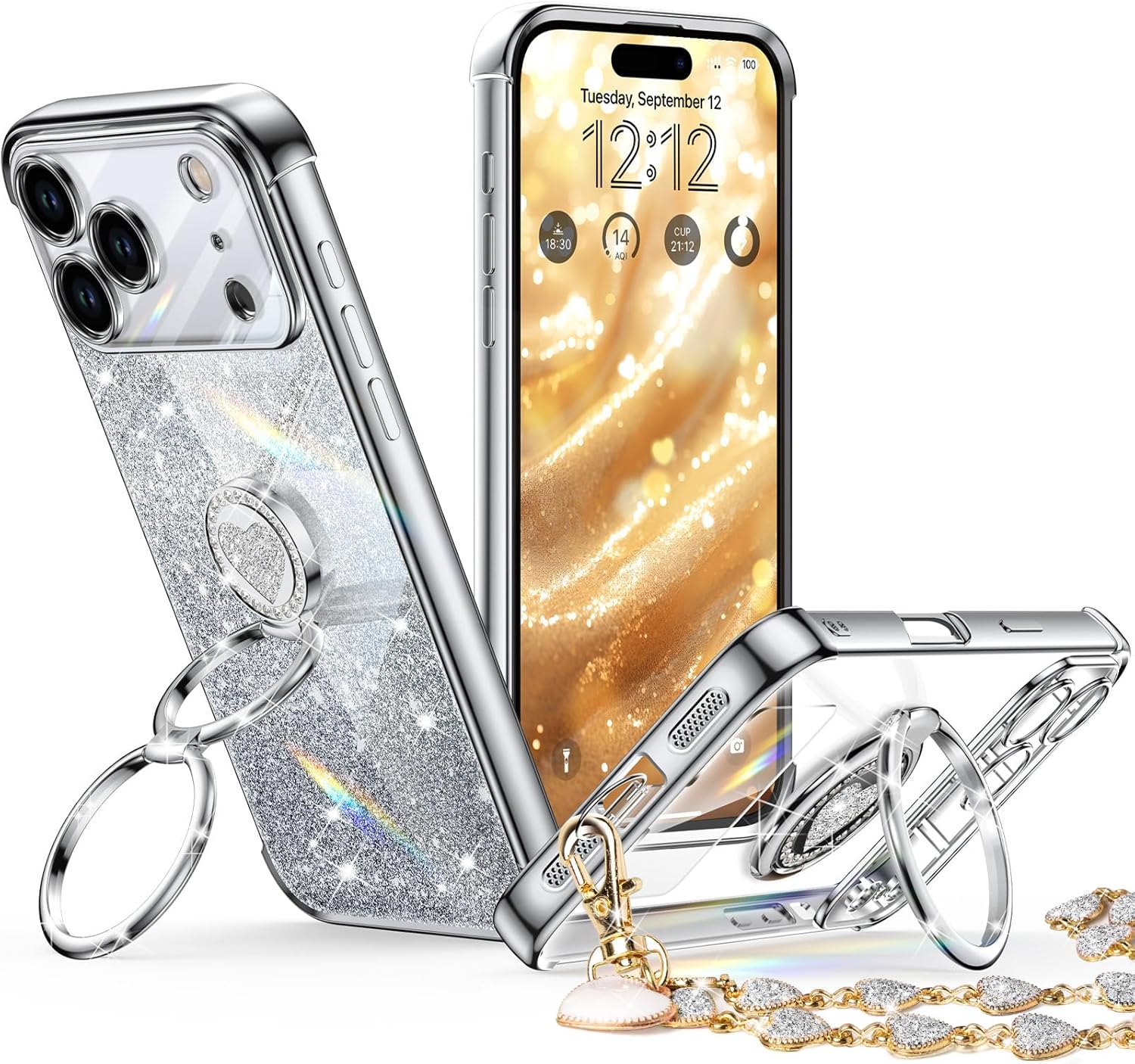 XYZ for iPhone 17 Pro Max Case with Stand, Phone Case with Double Ring Kickstand, Women Girls Bling Luxury Protective Case Heart for iPhone 17 Pro Max, Black