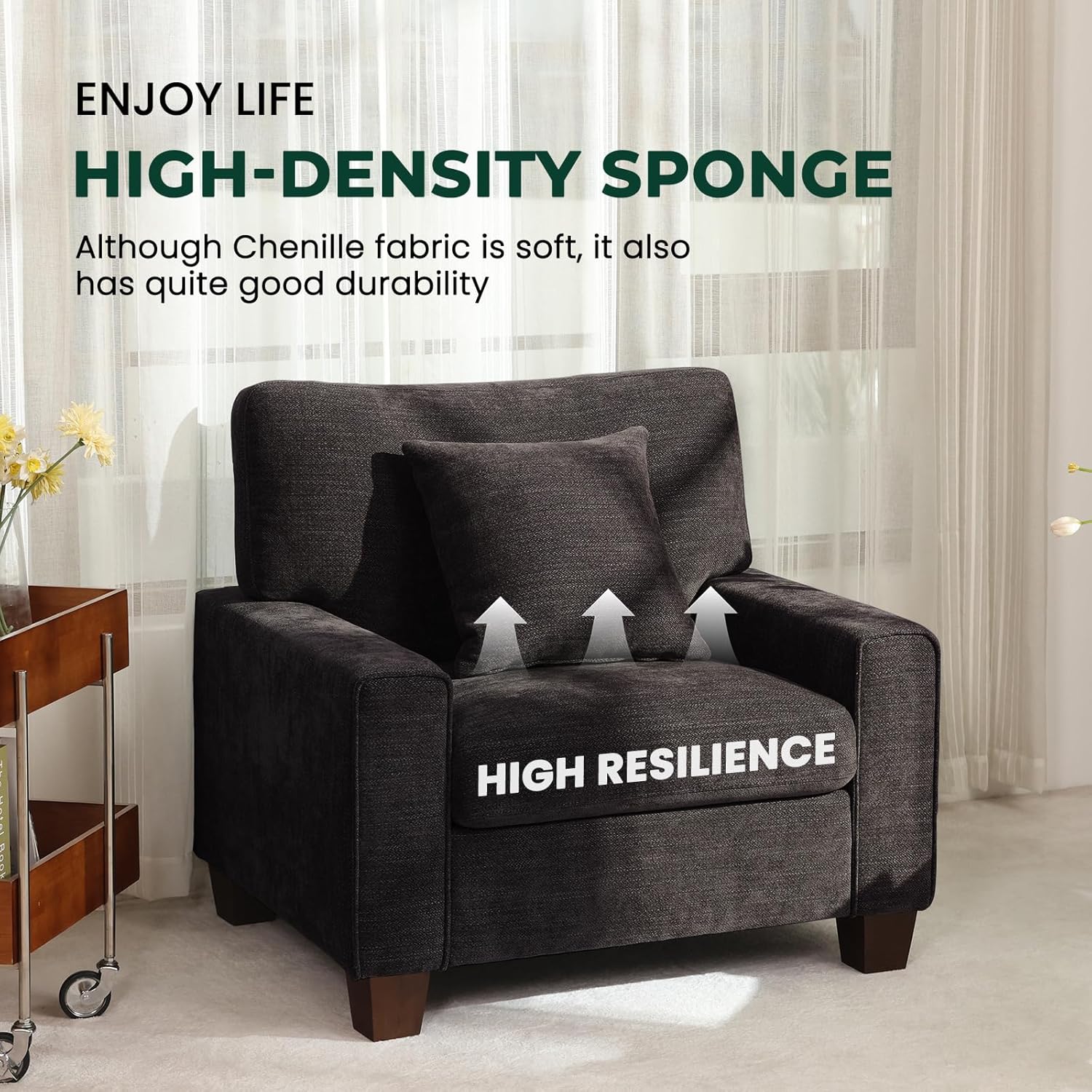 DOPEDIO Fabric Single Sofa, Living Room Accent Chair,Detachable Sofa Cover, Comes with Decorative Pillows, Spring Cushion and Solid Wood Frame Easy to Install (40inch Dark Grey)