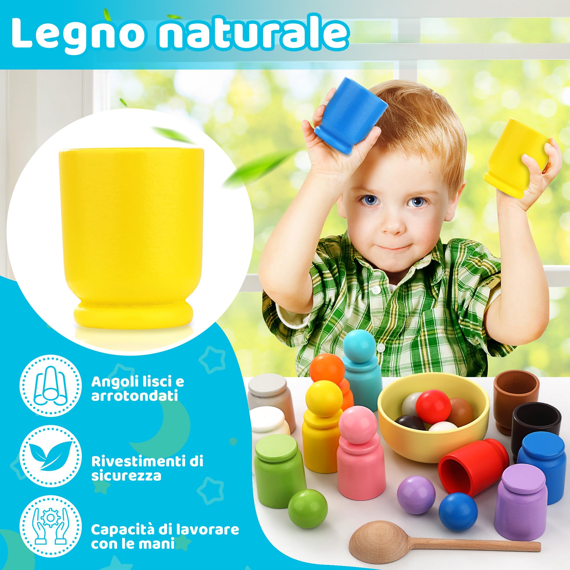 Palla in Tazza Giocattolo montessoriano in Legno per Giochi Legno la la Selezione dei Colori dell'arcobaleno per i Bambini della Scuola Materna - 12 Palle da 40 mm