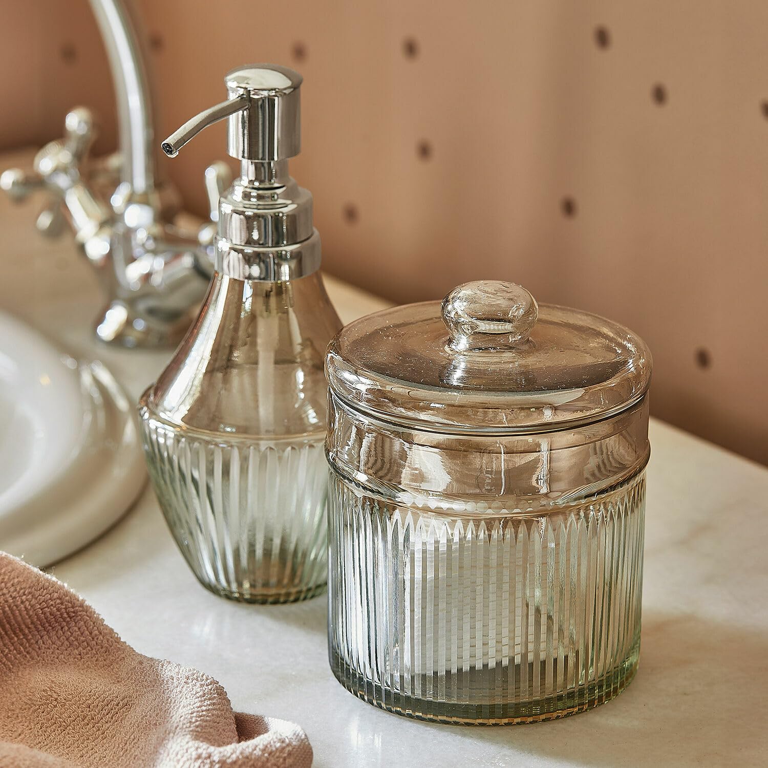 Loberon Jolivienne Set per Bagno - Vetro soffiato - Leggera sfumatura di Colore, Marrone/Trasparente
