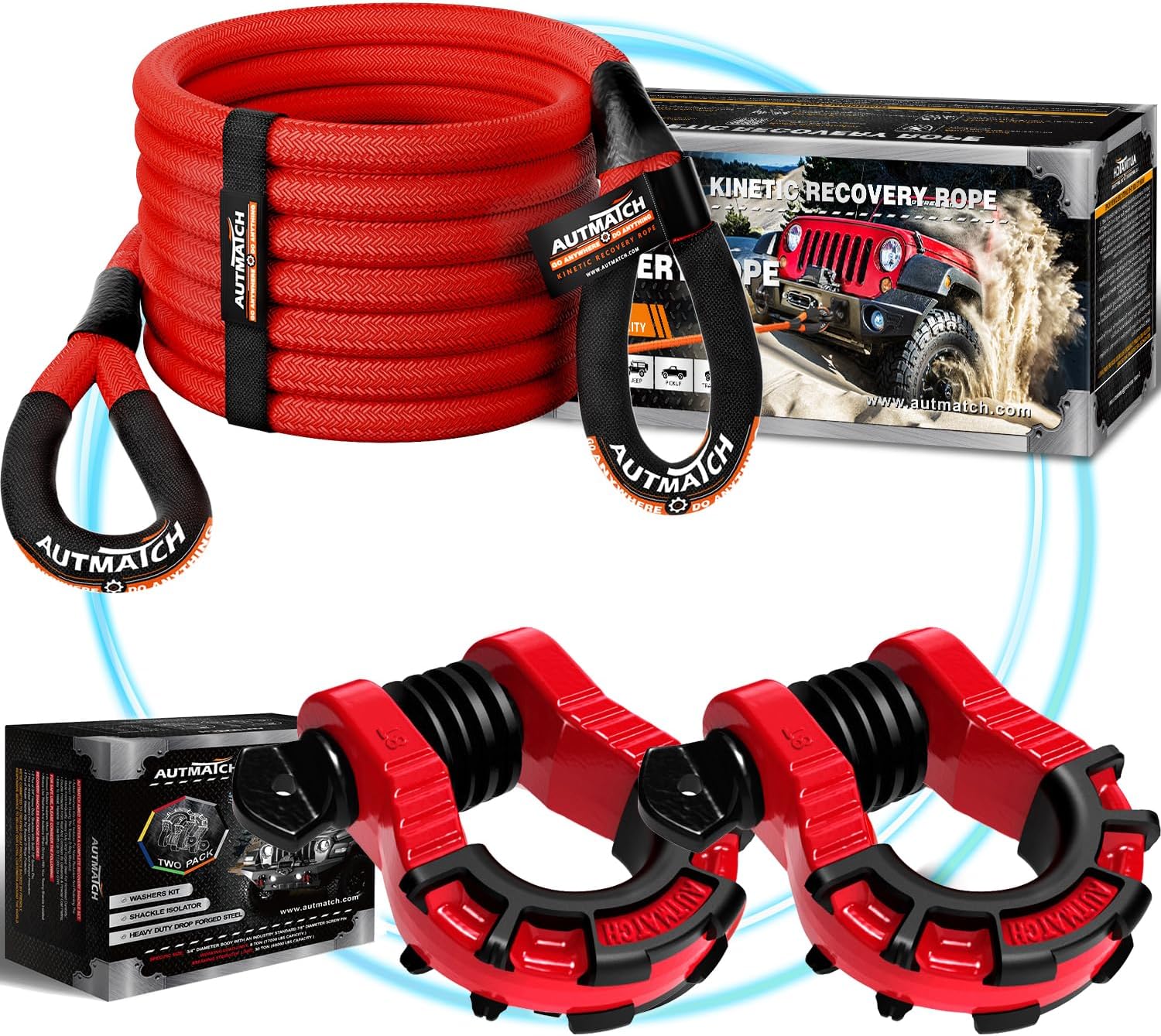 AUTMATCH Kinetic Recovery Tow Rope 1" x 20FT with 3/4" Mega D-Ring Shackle, Heavy Duty Offroad Snatch Strap 48000Lbs for 4x4 Off-Road Vehicle, Truck, Trailer, ATV, UTV, Red