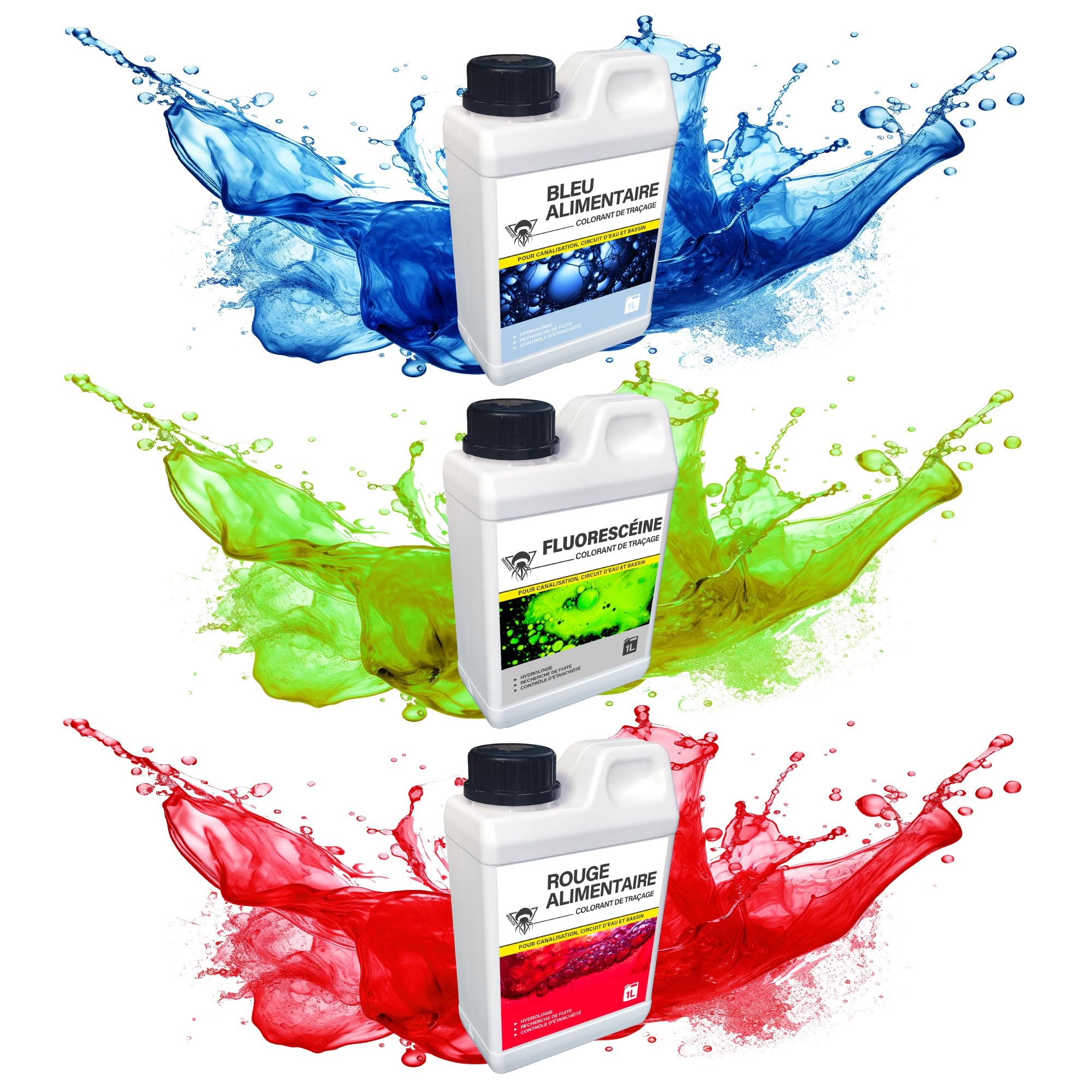 Méduze - Pack 3 x colorant de traçage prêt à l'emploi 1 Litre - Fluorescéine, Rouge et bleu alimentaire - Précision et visibilité maximale