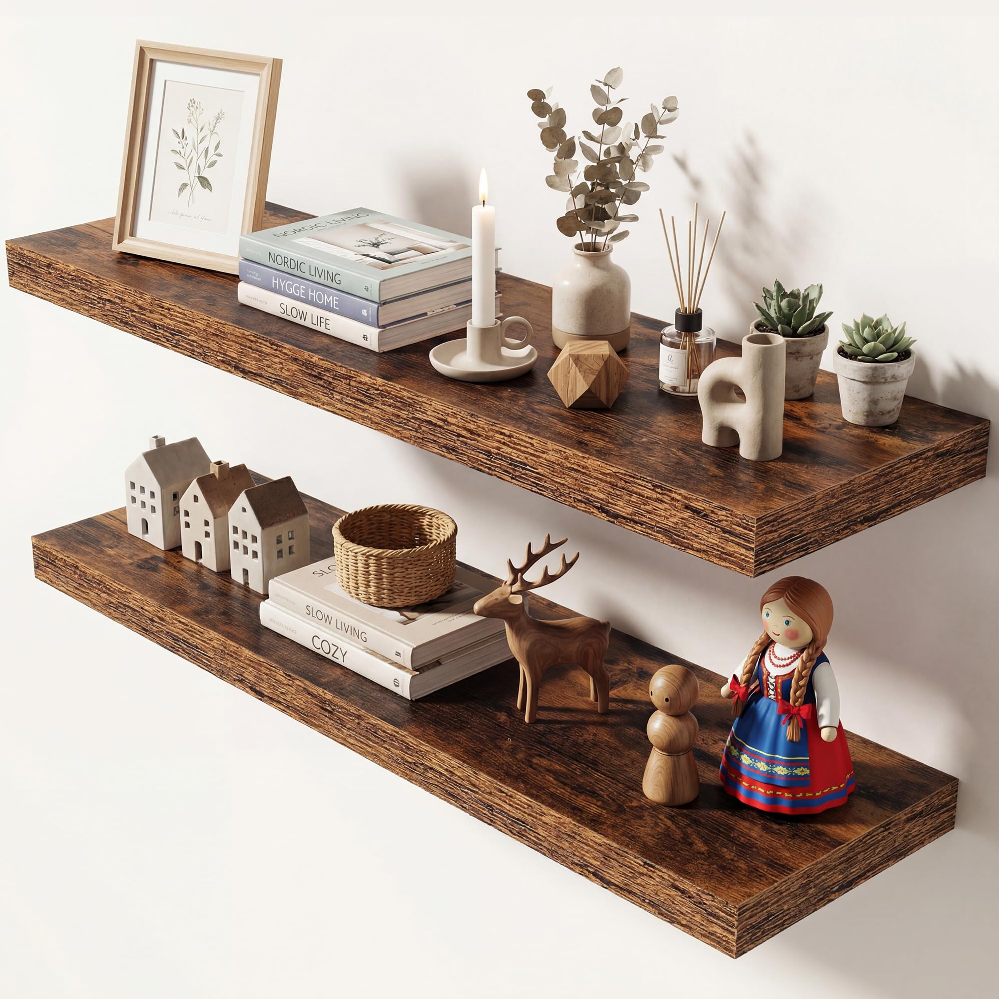 Dreamland 36 Inches Floating Shelves for Wall, 9.3" Deep Long Floating Shelves Set of 2, Large Display &amp; Storage Shelf, Wall Shelf for Bathroom Bedroom Living Room Kitchen Office, Rustic Brown